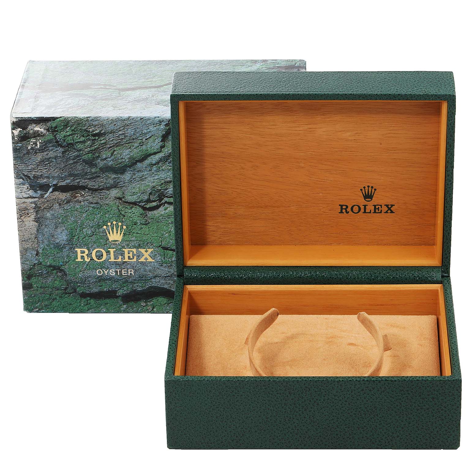 This image shows an open green Rolex Submariner 16610LV Men's Stainless Steel Black Dial 16610LV Men's Stainless Steel Black Dial watch box with a logo, interior cushion, and an outer protective box.