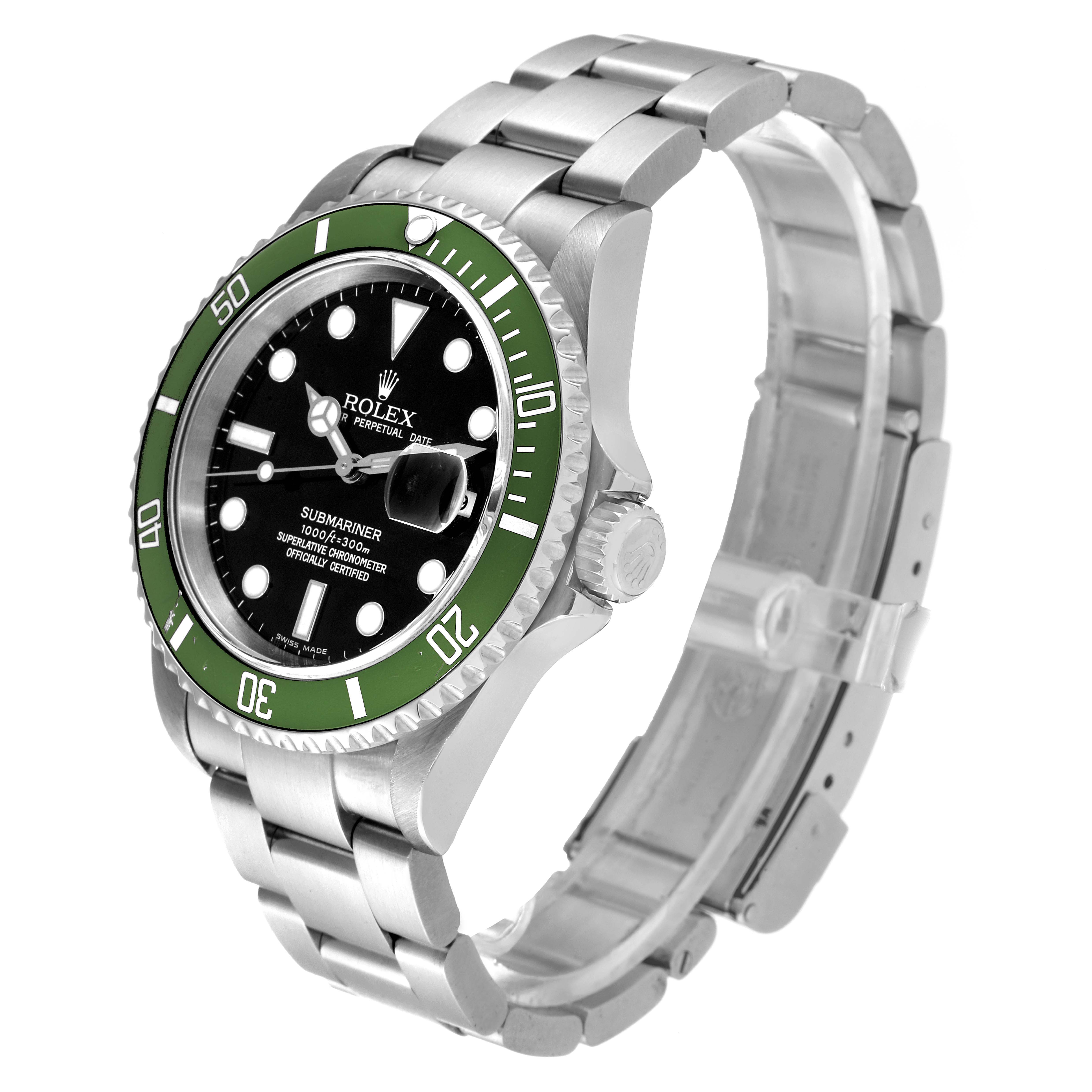 This image shows a Rolex Submariner 16610LV Men's Stainless Steel Black Dial 16610LV Men's Stainless Steel Black Dial watch at a three-quarter angle, featuring its face, bezel, crown, and bracelet.