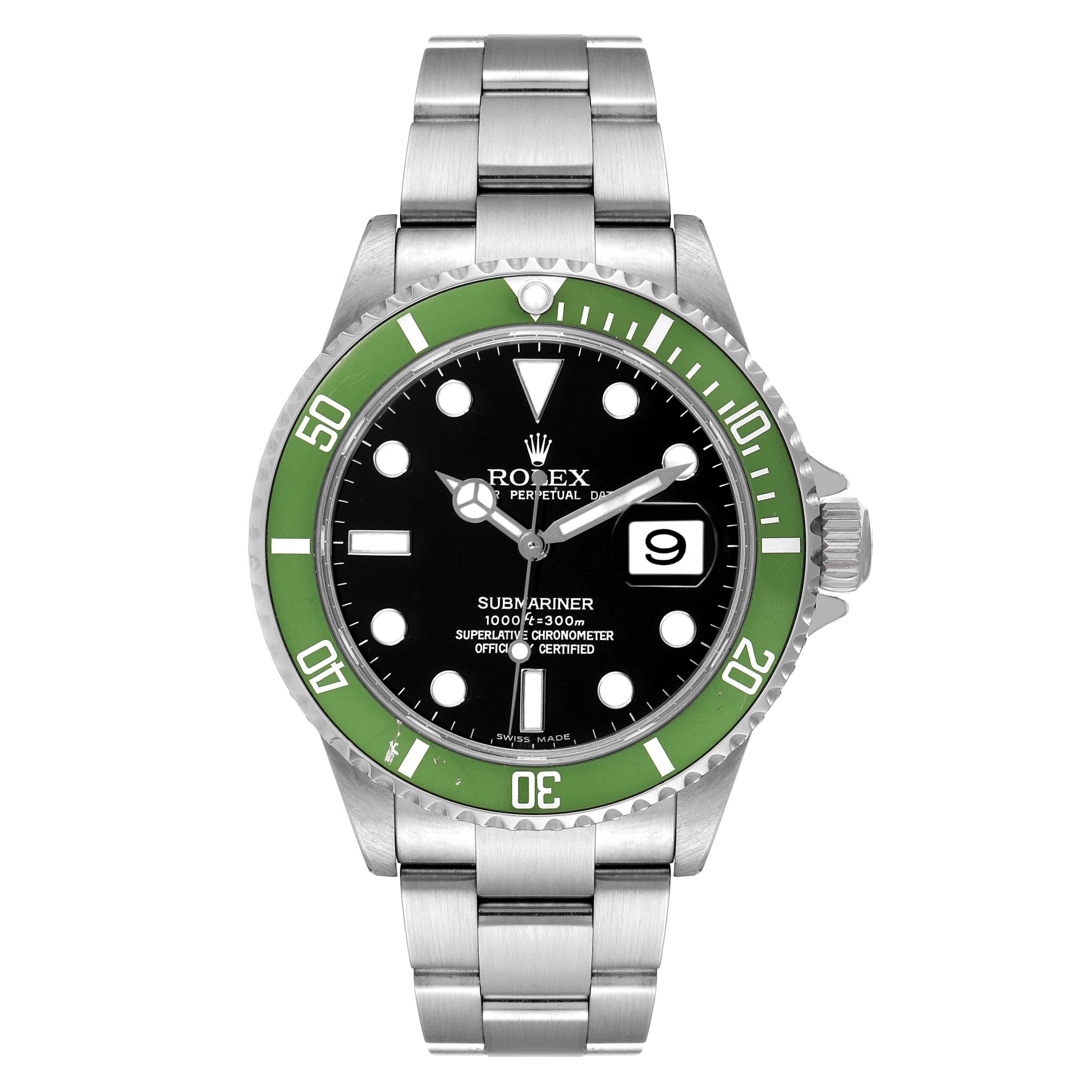 This image shows a front view of a Rolex Submariner 16610LV Men's Stainless Steel Black Dial 16610LV Men's Stainless Steel Black Dial watch, highlighting its green bezel, black dial, and metal bracelet.