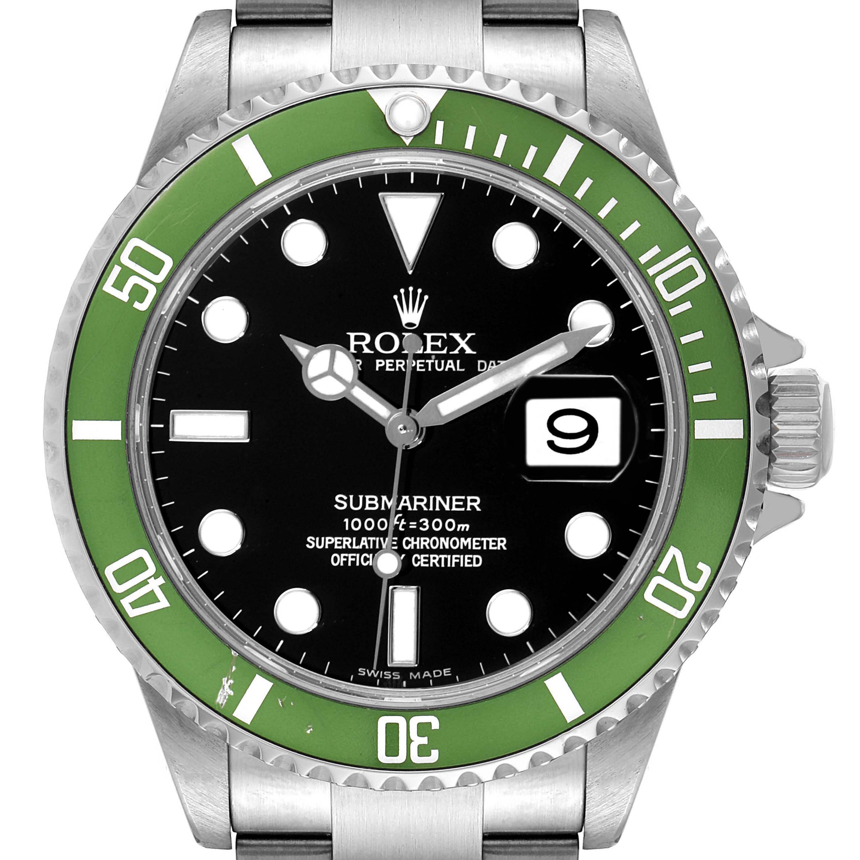 The image shows a front view of a Rolex Submariner 16610LV Men's Stainless Steel Black Dial 16610LV Men's Stainless Steel Black Dial watch, featuring its green bezel, black dial, and date window at 3 o'clock.