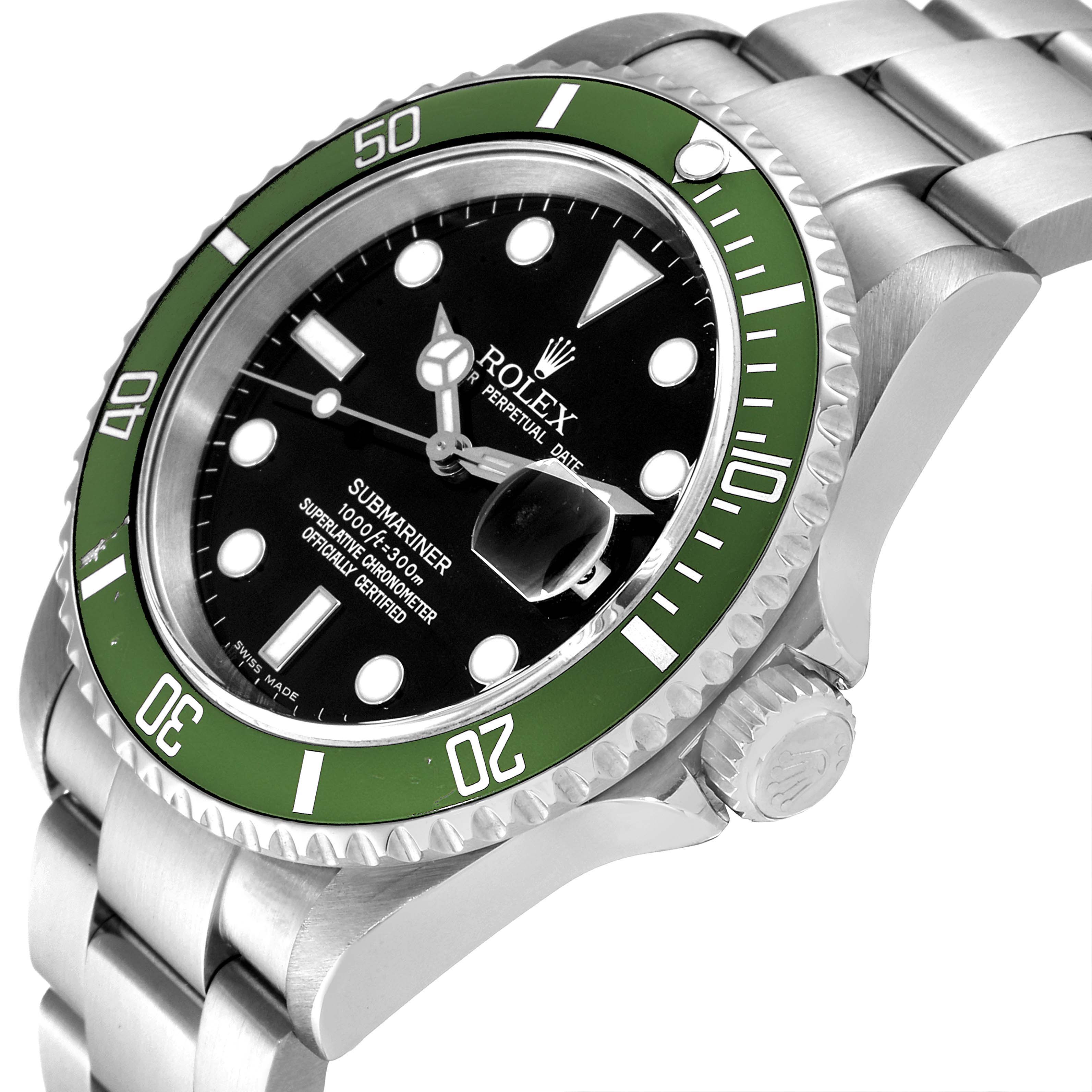 The image shows a close-up side angle of the Rolex Submariner 16610LV Men's Stainless Steel Black Dial 16610LV Men's Stainless Steel Black Dial model, highlighting the bezel, dial, and bracelet.