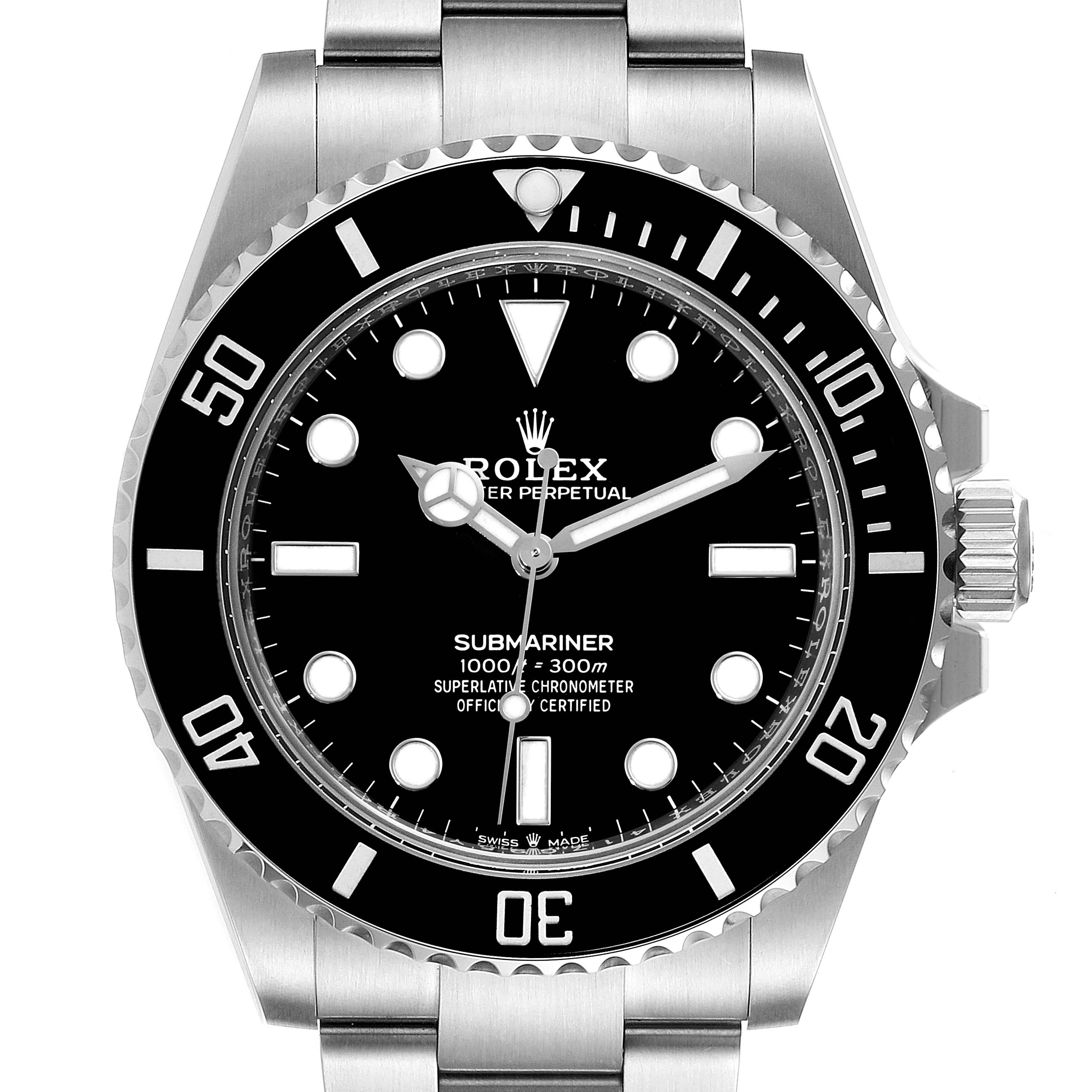 The Rolex Submariner 124060 Men
s Stainless Steel Black Dial 124060 Men
s Stainless Steel Black Dial watch is shown from the front, displaying its bezel, dial, hands, and part of the bracelet.