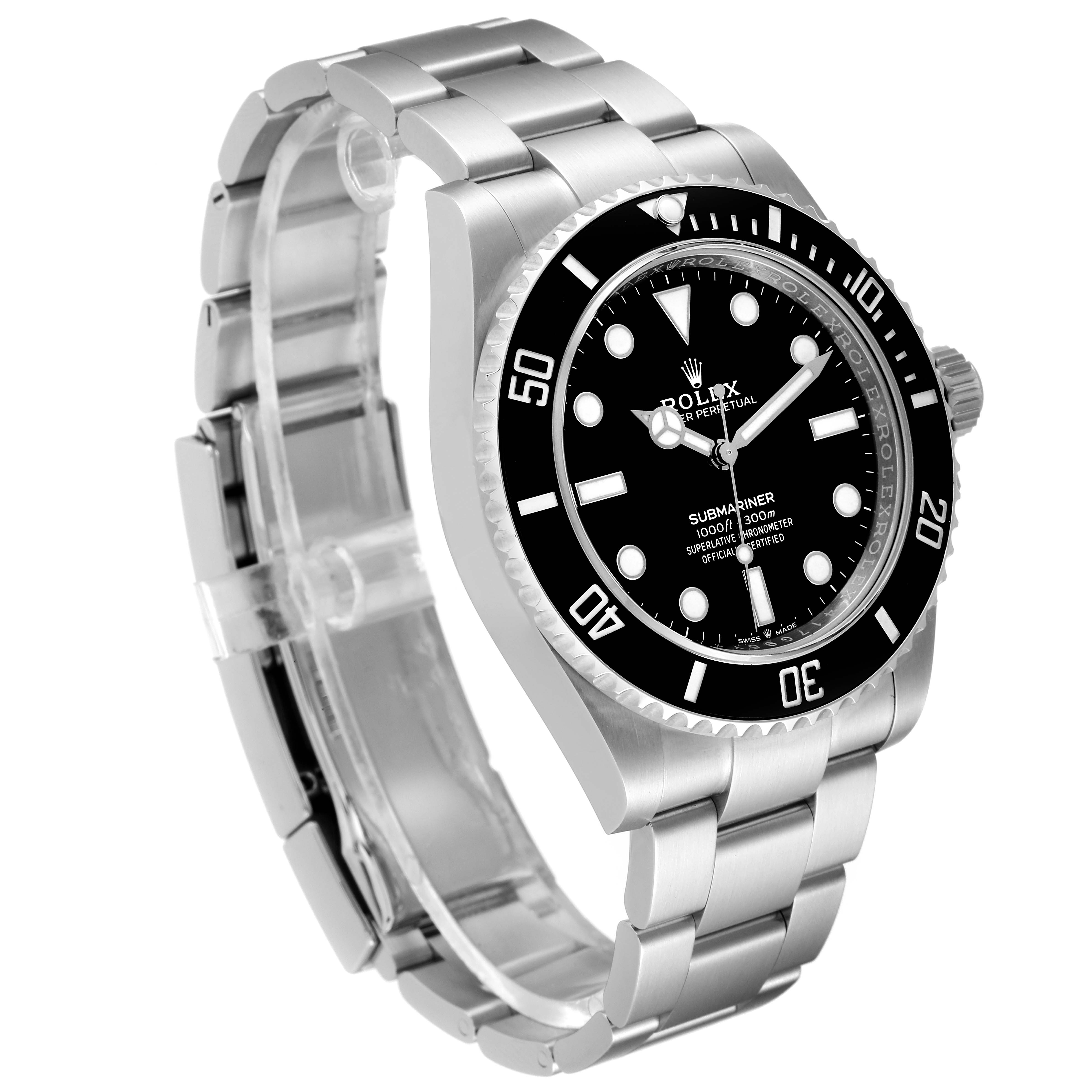 The image shows a side and angled view of the Rolex Submariner 124060 Men
s Stainless Steel Black Dial 124060 Men
s Stainless Steel Black Dial watch, displaying its face, bezel, and bracelet.