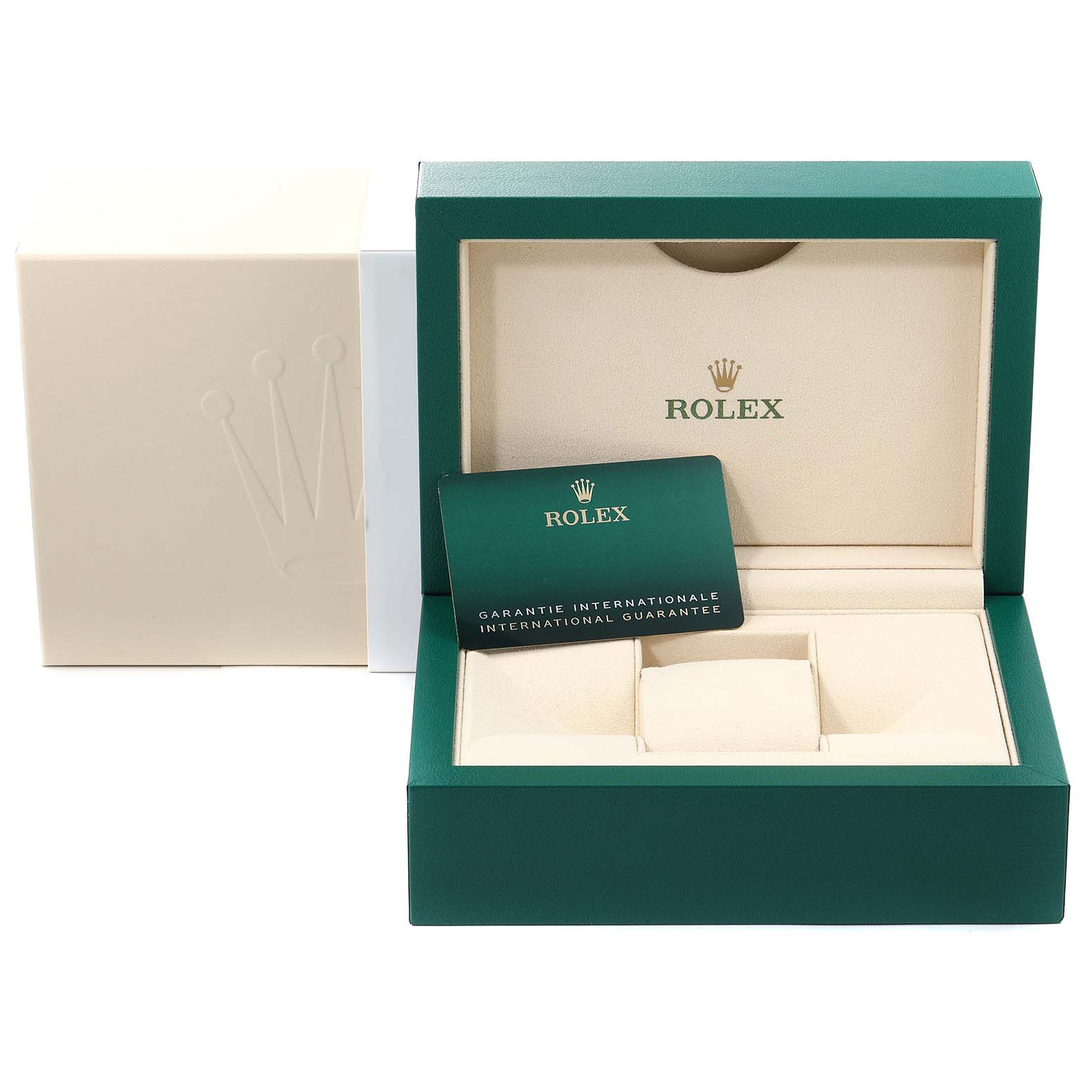 The image shows the open packaging box and international guarantee card for a Rolex Submariner 124060 Men
s Stainless Steel Black Dial 124060 Men
s Stainless Steel Black Dial watch.