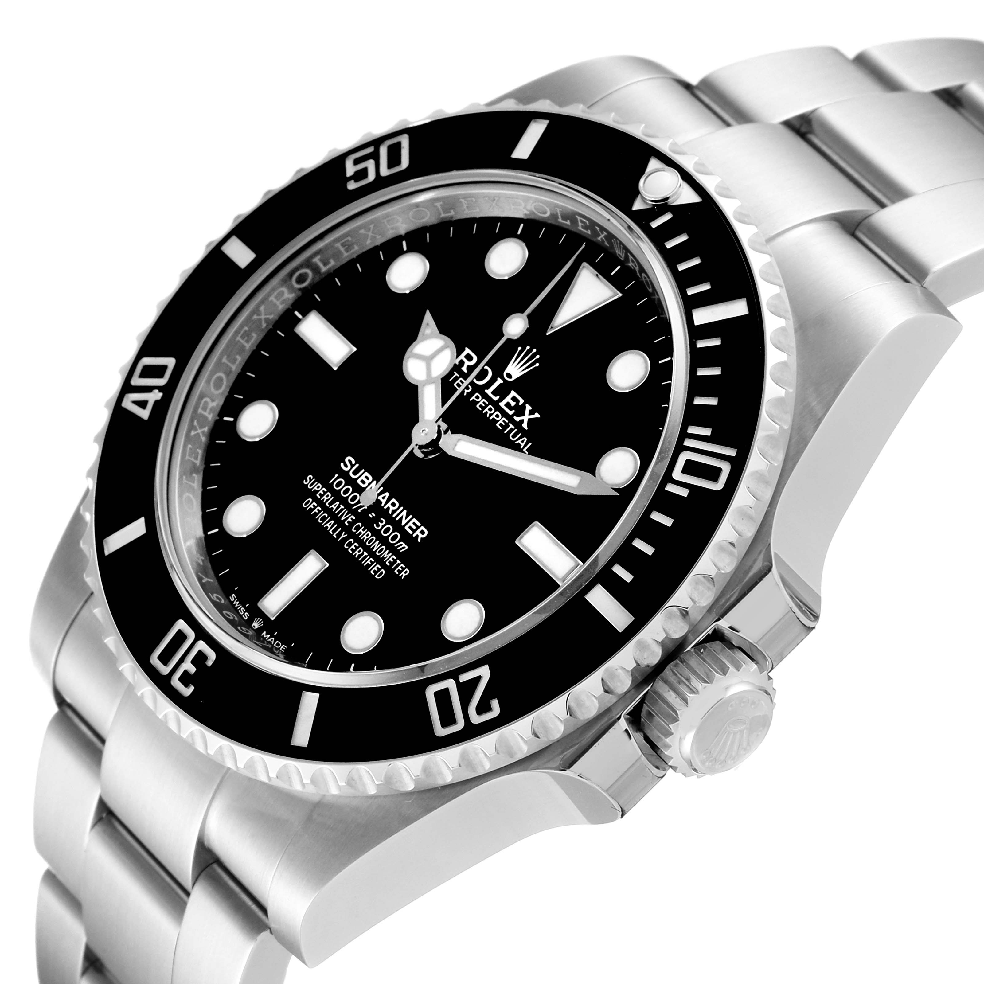 The image shows a close-up angle of a Rolex Submariner 124060 Men
s Stainless Steel Black Dial 124060 Men
s Stainless Steel Black Dial, highlighting its black bezel, dial, and stainless steel bracelet.