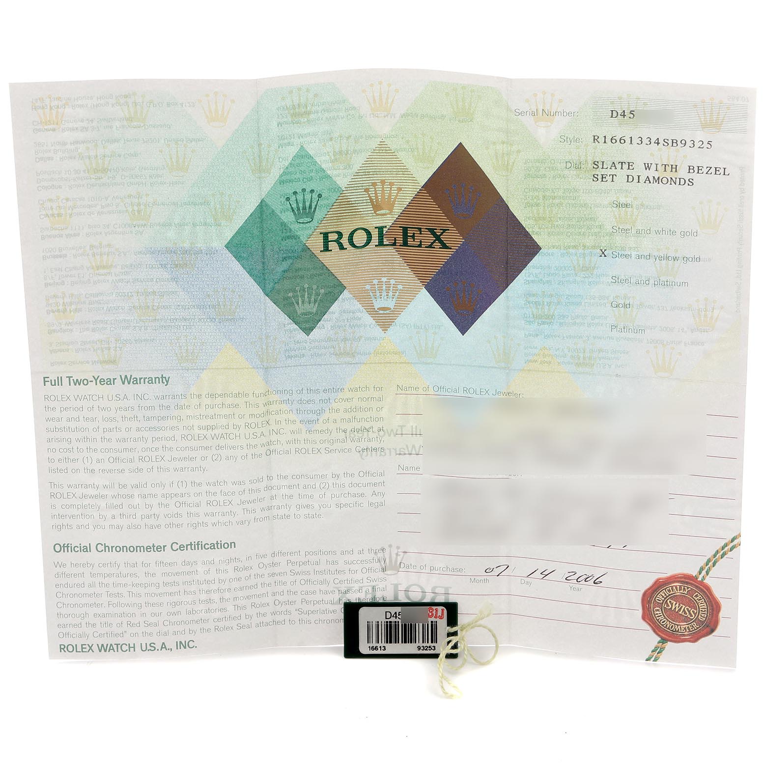 The image shows a Rolex Submariner 16613 Men's Steel and Gold (two tone) Silver Dial 16613 Men's Steel and Gold (two tone) Silver Dial warranty card and certification paper, including details like serial number and warranty terms.