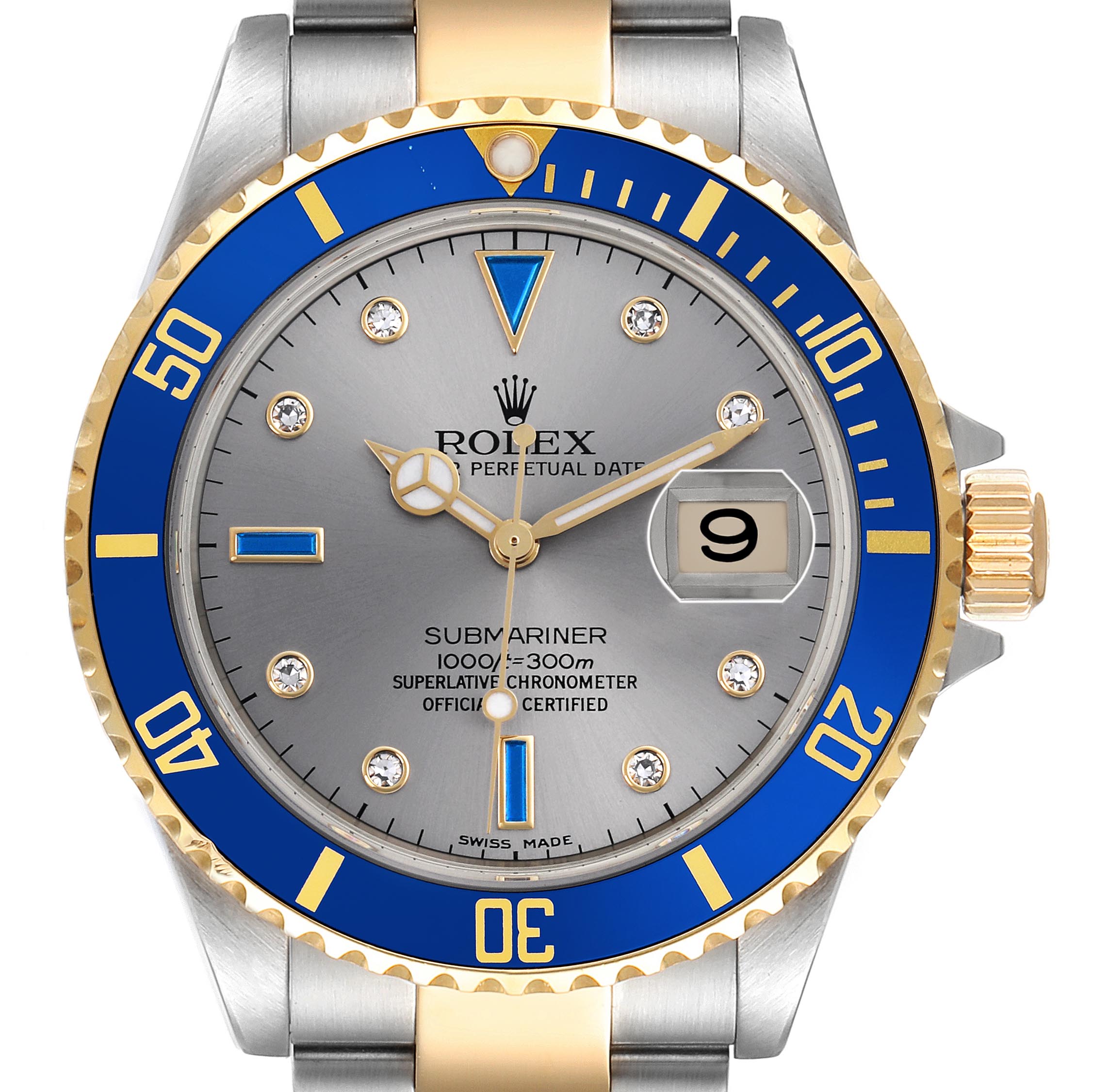 The Rolex Submariner 16613 Men's Steel and Gold (two tone) Silver Dial 16613 Men's Steel and Gold (two tone) Silver Dial watch is shown from a front angle, highlighting the dial, bezel, crown, and part of the bracelet.