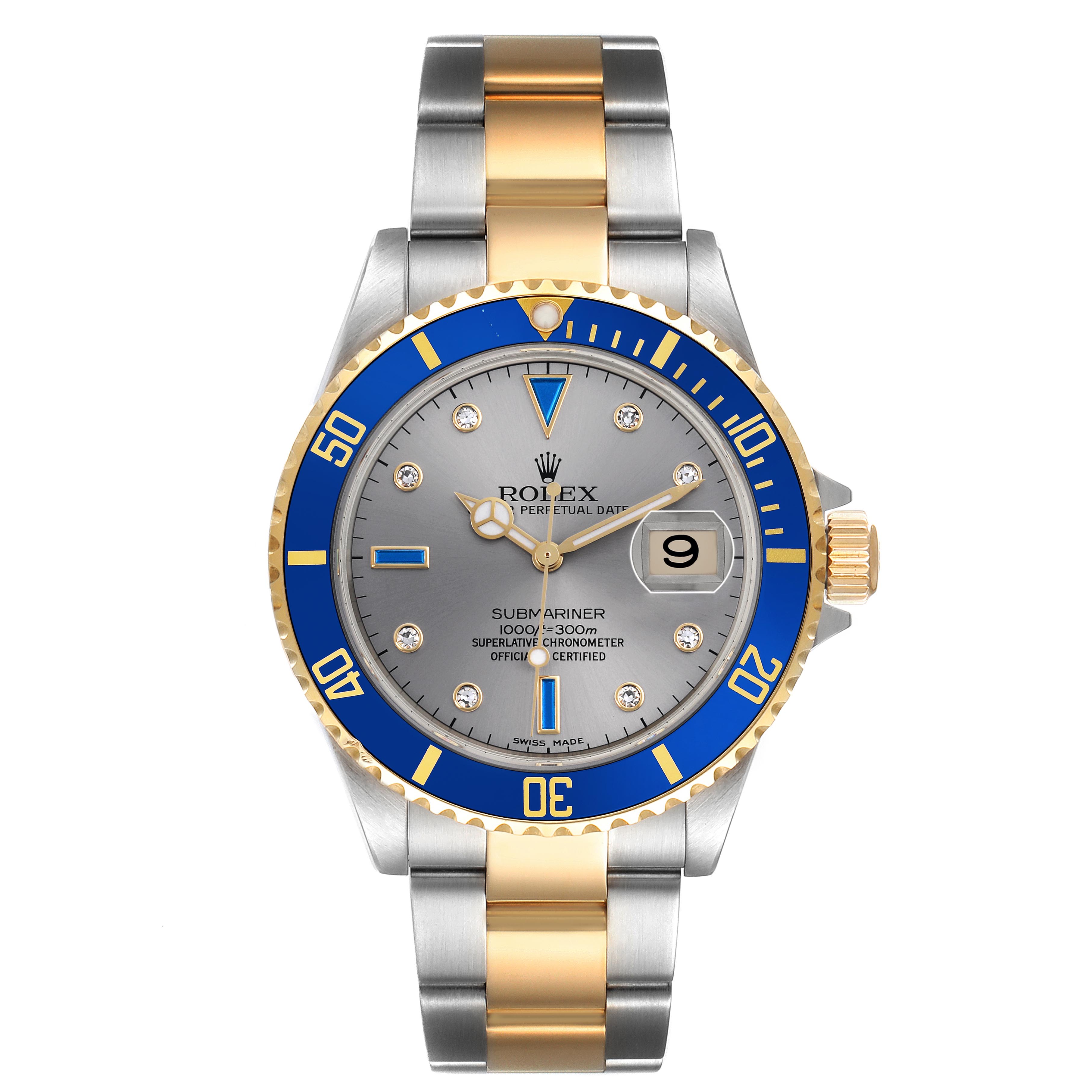 The Rolex Submariner 16613 Men's Steel and Gold (two tone) Silver Dial 16613 Men's Steel and Gold (two tone) Silver Dial watch is shown from the front, displaying its blue bezel, dial, and two-tone bracelet.