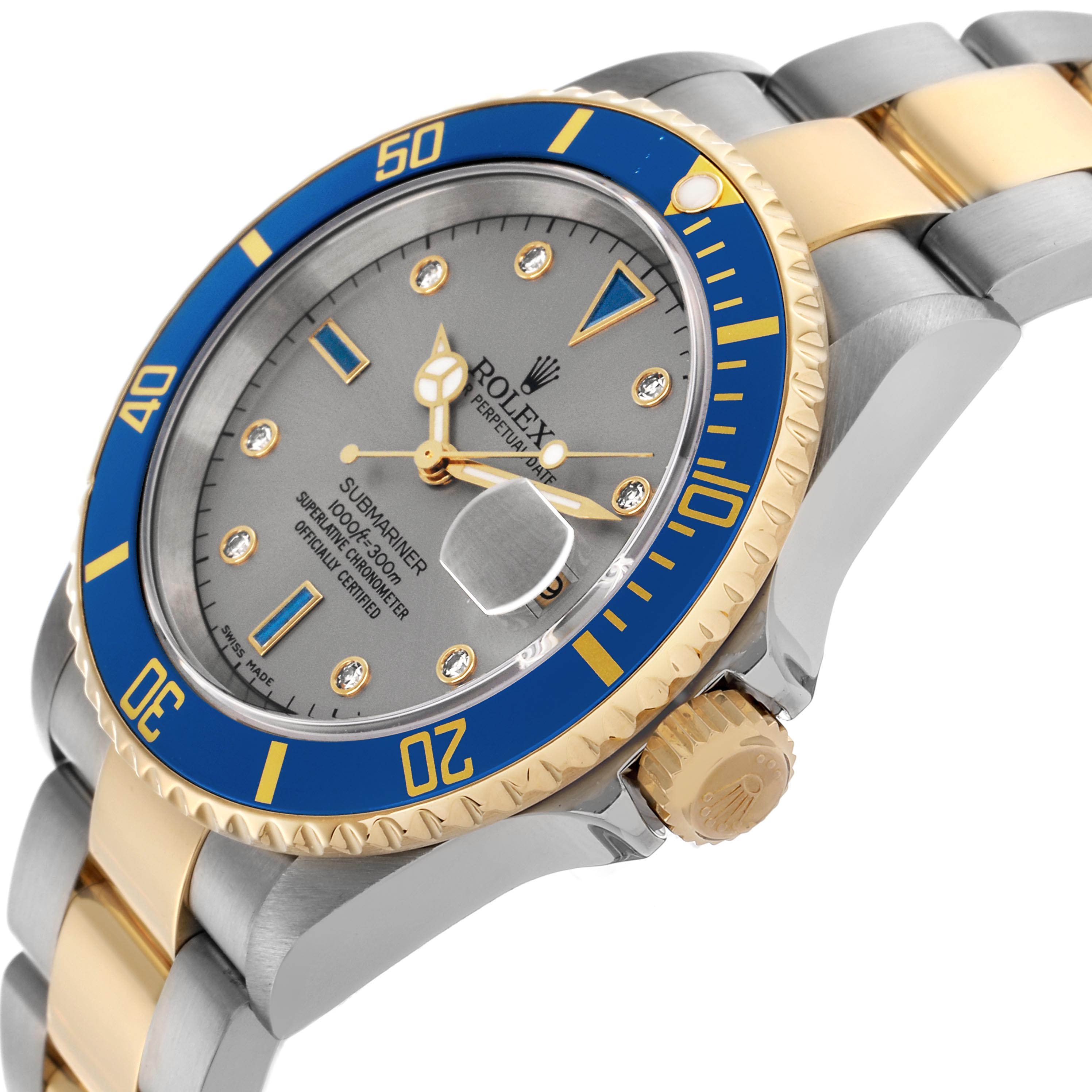 The image shows a Rolex Submariner 16613 Men's Steel and Gold (two tone) Silver Dial 16613 Men's Steel and Gold (two tone) Silver Dial watch at an angled side view, displaying its blue bezel, dial, and part of the bracelet.
