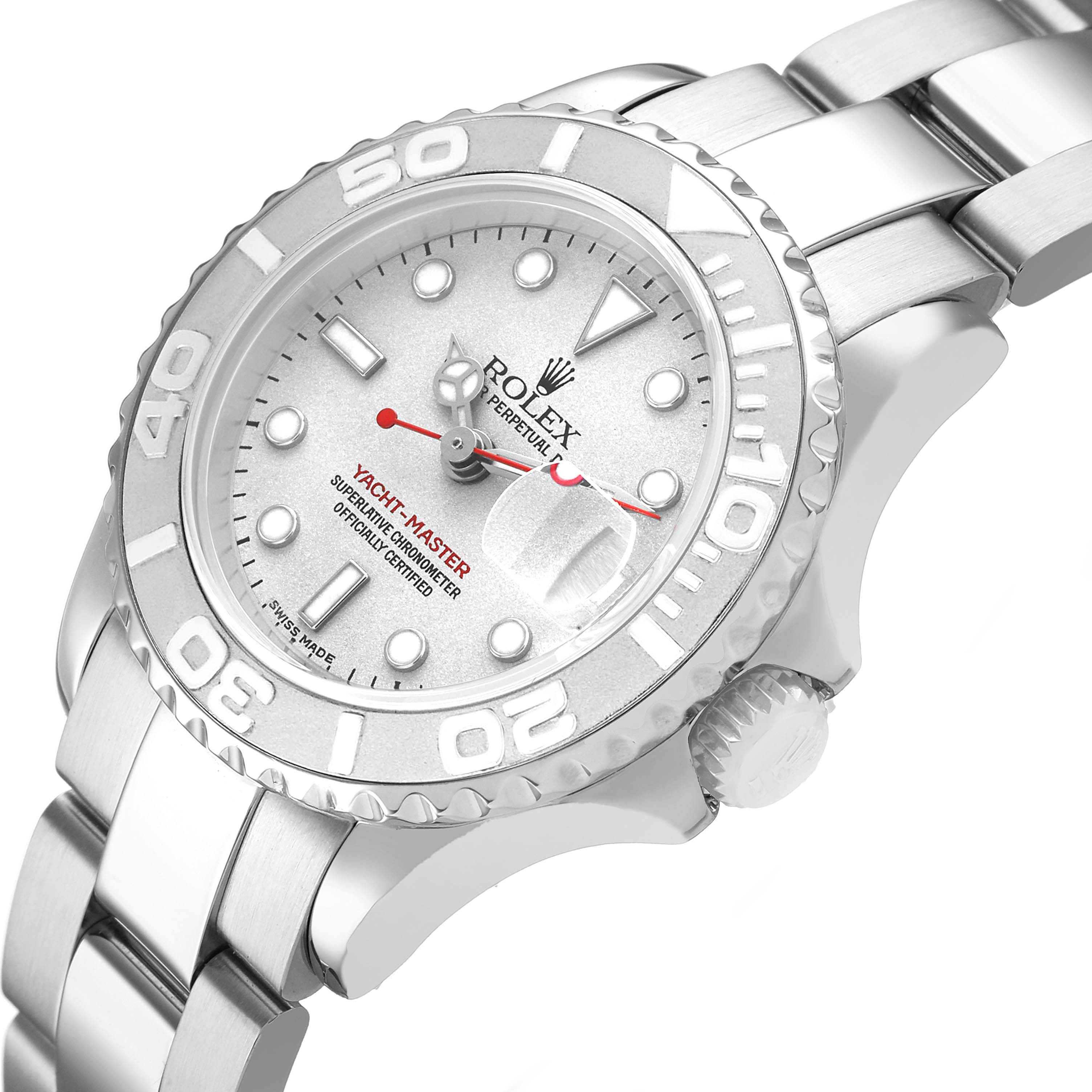 The Rolex Yacht-Master 169622 Women's Stainless Steel Silver Dial watch is shown at an angled view, highlighting the dial, bezel, bracelet, and crown.