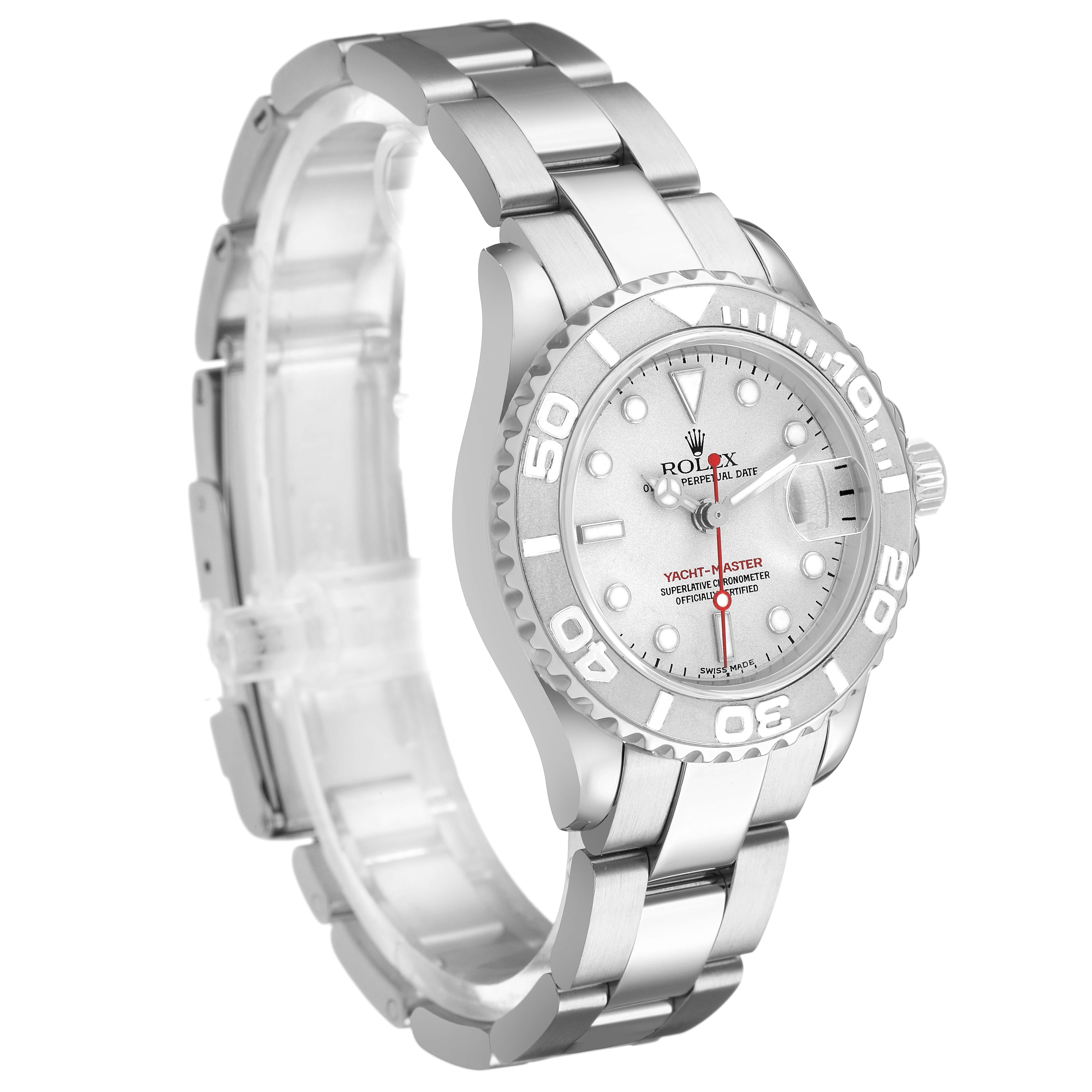 The Rolex Yacht-Master 169622 Women's Stainless Steel Silver Dial is shown at a three-quarter angle, highlighting the dial, bezel, and bracelet.
