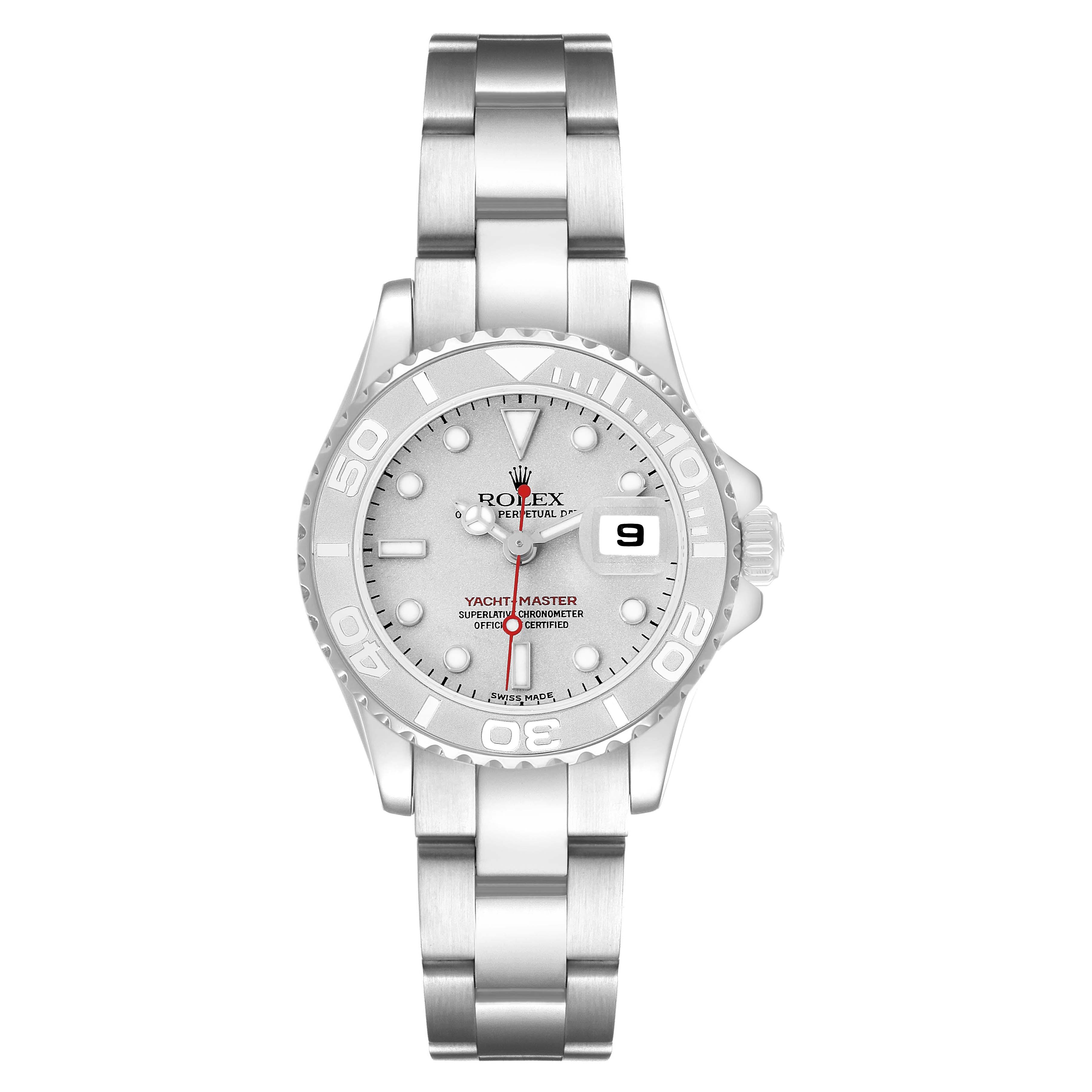 The Rolex Yacht-Master 169622 Women's Stainless Steel Silver Dial watch is shown from a straight-on angle, displaying the bezel, dial, hands, markers, date window, and bracelet.