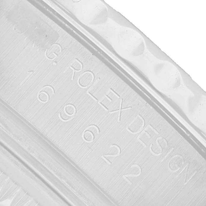 The image shows a close-up of the side of a Rolex Yacht-Master 169622 Women's Stainless Steel Silver Dial watch, highlighting the engraved bezel design.