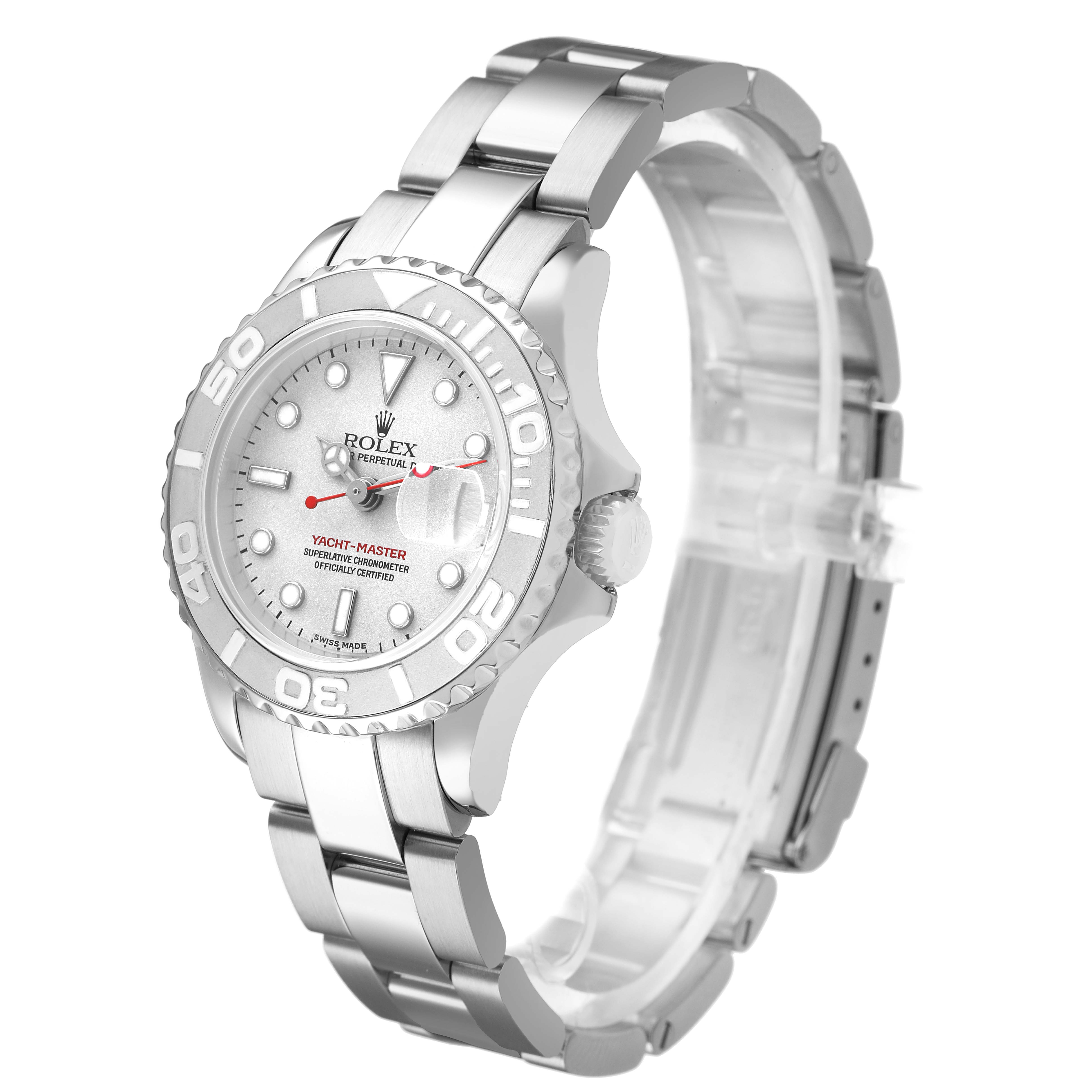 The Rolex Yacht-Master 169622 Women's Stainless Steel Silver Dial watch is shown at a three-quarter angle, highlighting the bezel, dial, crown, and bracelet.