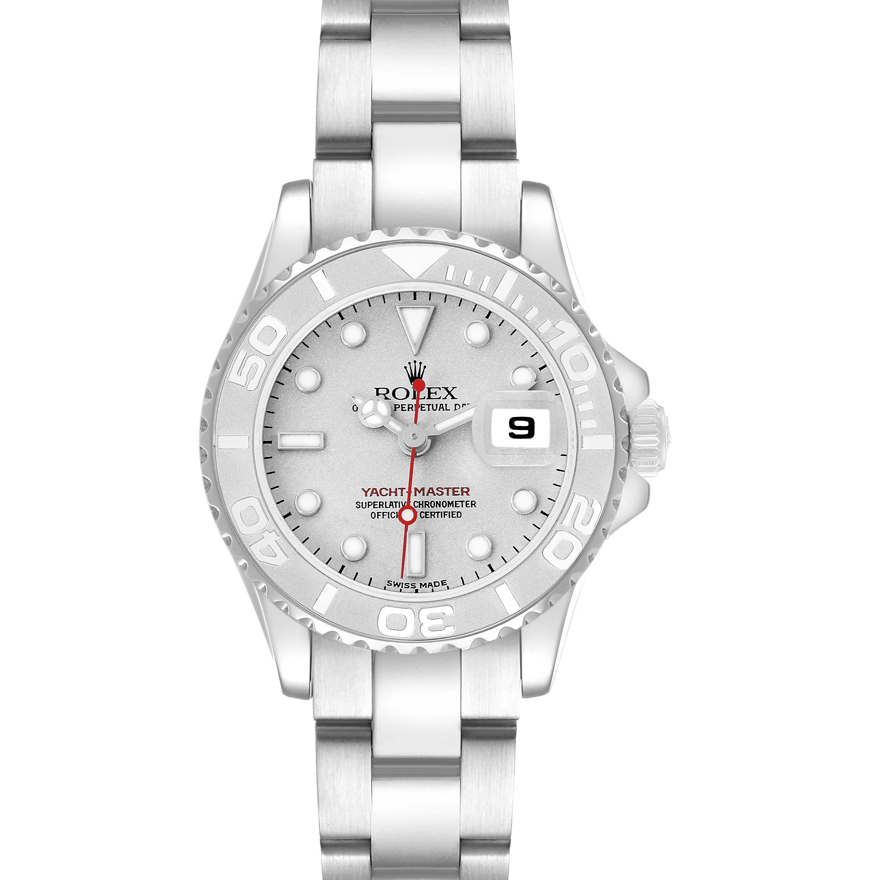 The Rolex Yacht-Master 169622 Women's Stainless Steel Silver Dial watch is shown from a top-down angle, highlighting its face, bezel, and bracelet.