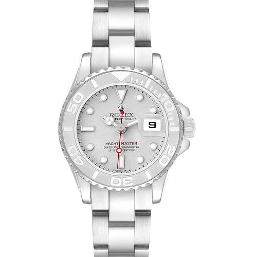 The Rolex Yacht-Master 169622 Women's Stainless Steel Silver Dial watch is shown from the front, displaying the dial, bezel, bracelet, and date window.