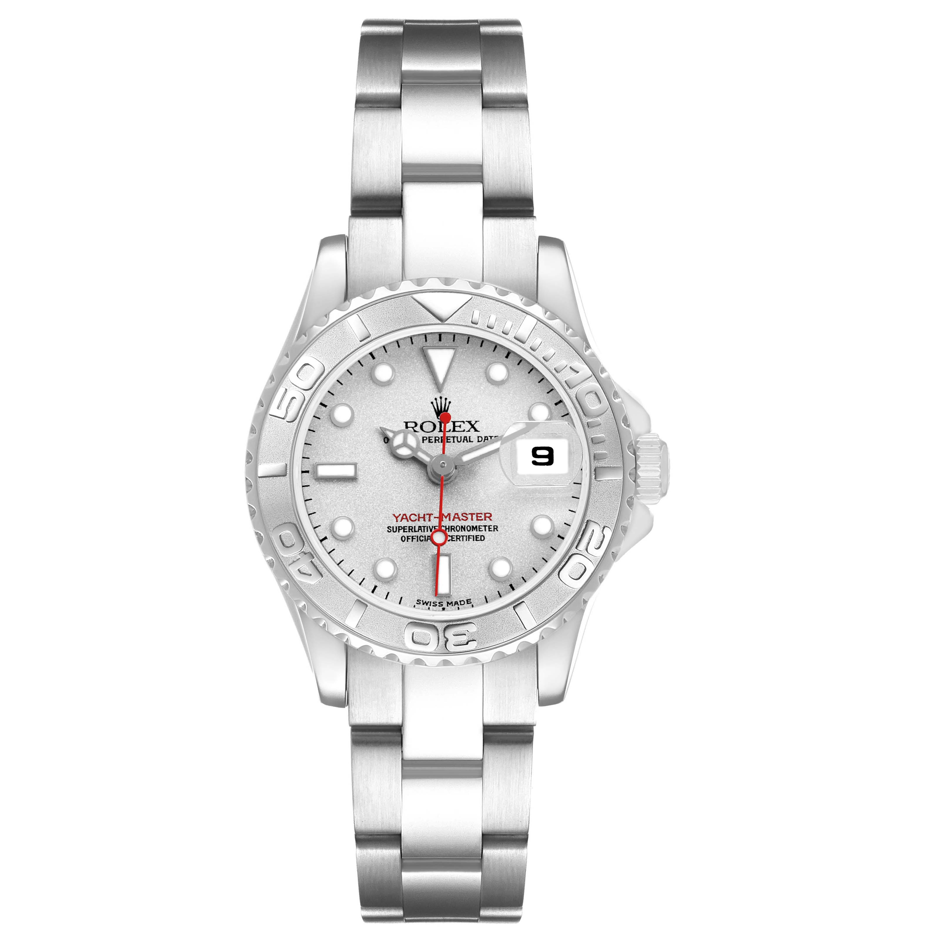 The Rolex Yacht-Master 169622 Women's Stainless Steel Silver Dial watch is shown from a frontal angle, displaying the dial, bezel, bracelet, and date window.