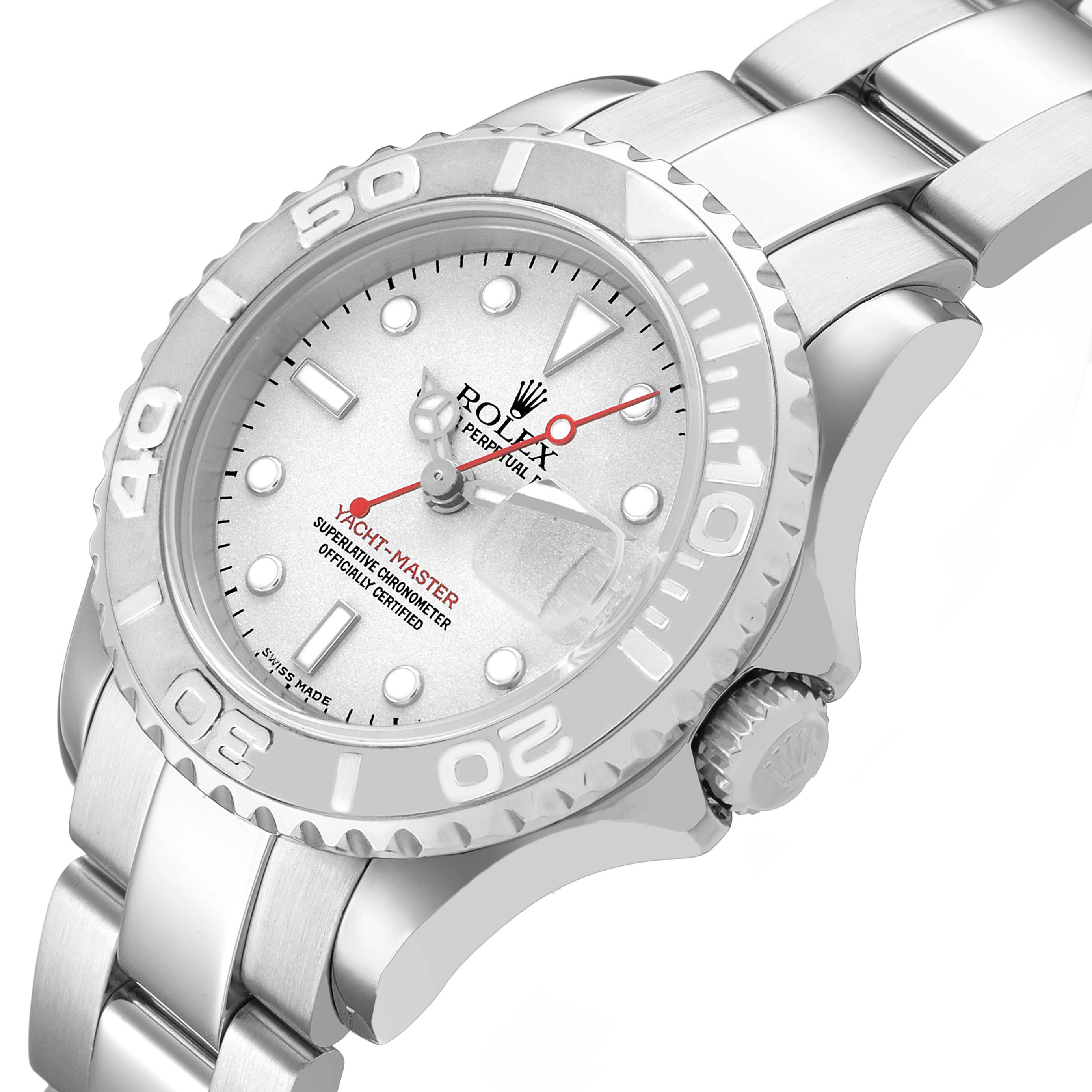 The Rolex Yacht-Master 169622 Women's Stainless Steel Silver Dial watch is shown at an angled side view, highlighting the face, bezel, crown, and part of the bracelet.