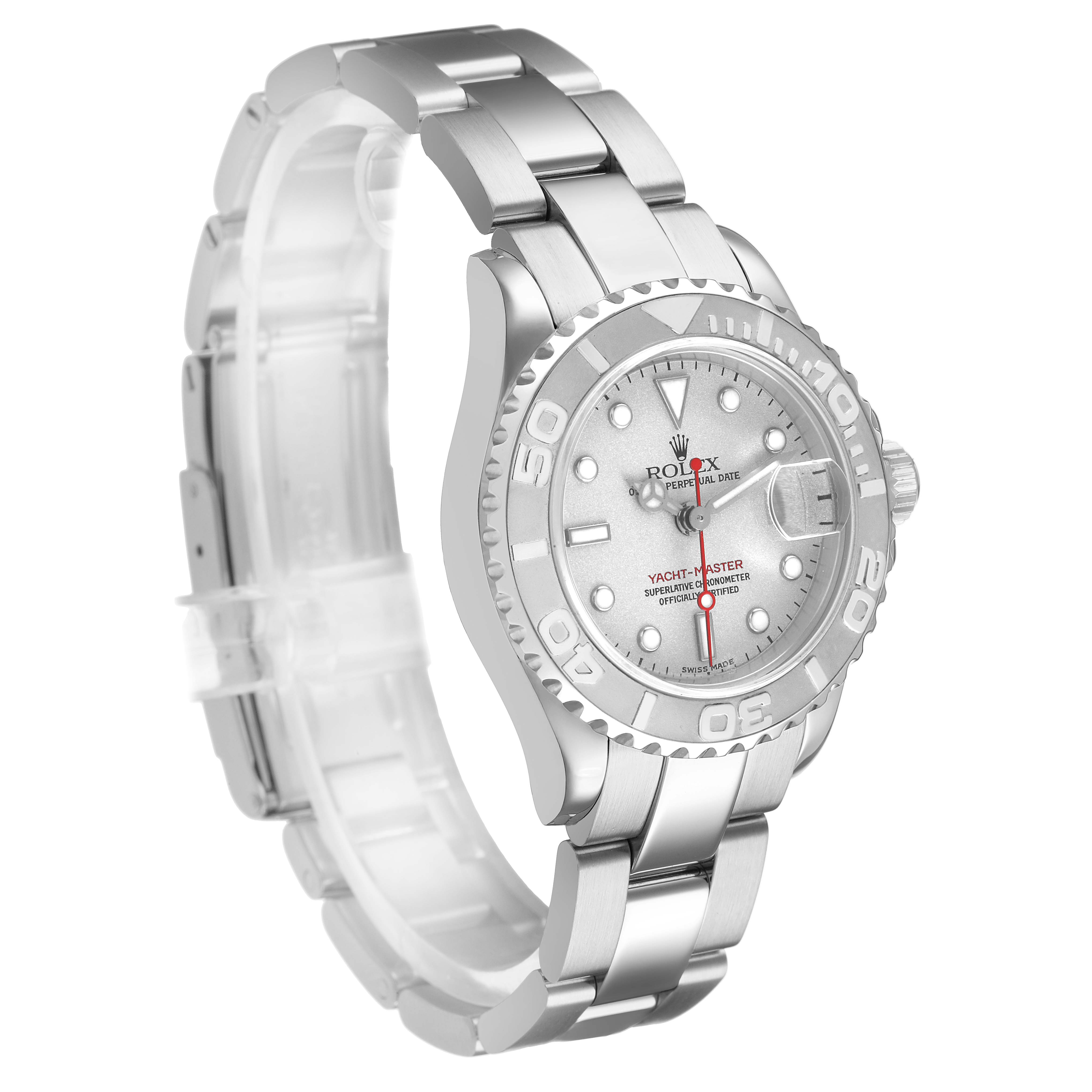The Rolex Yacht-Master 169622 Women's Stainless Steel Silver Dial watch is shown at a three-quarter angle, displaying the face, bezel, and bracelet.