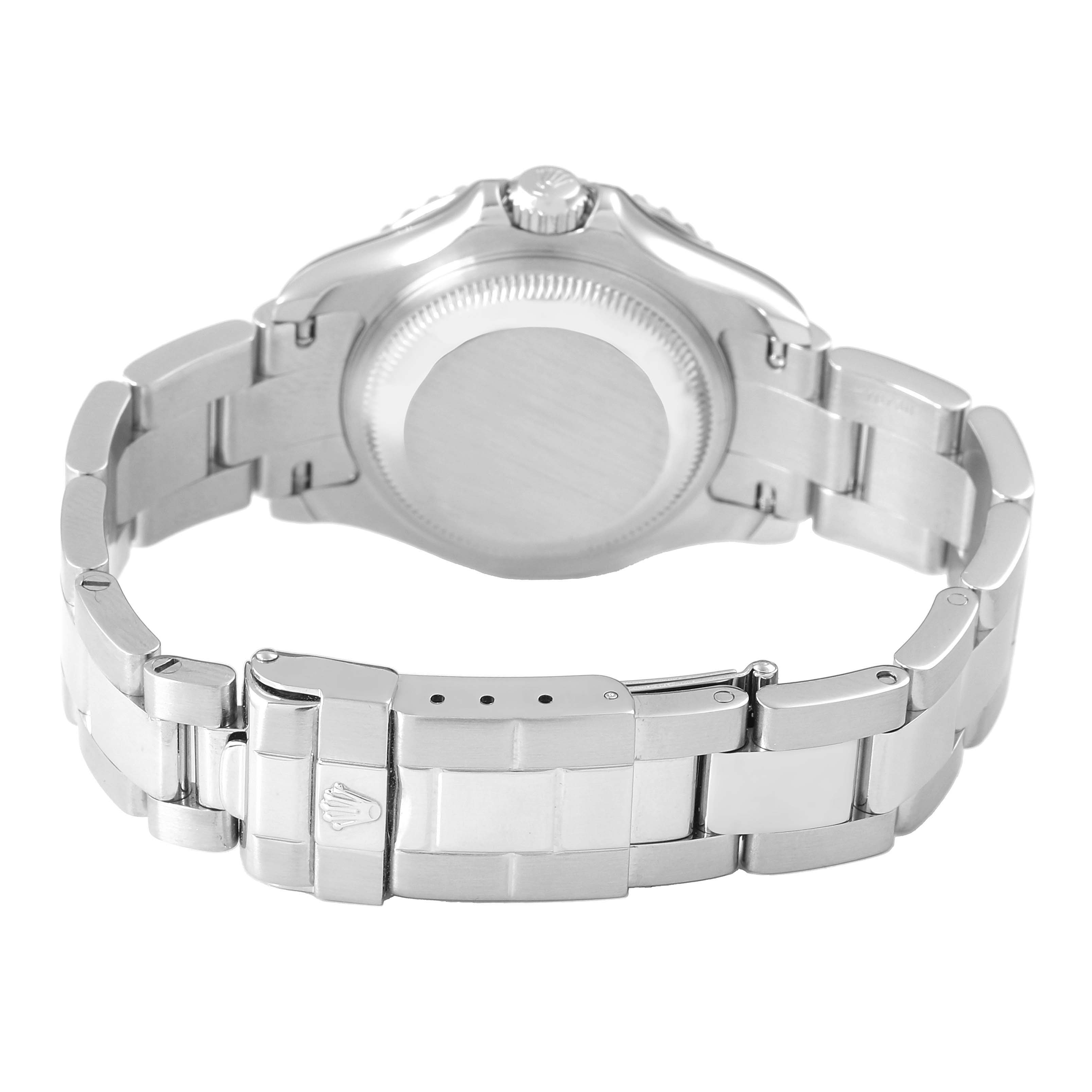 The image shows the back of a Rolex Yacht-Master 169622 Women's Stainless Steel Silver Dial watch, highlighting the case back and bracelet clasp.