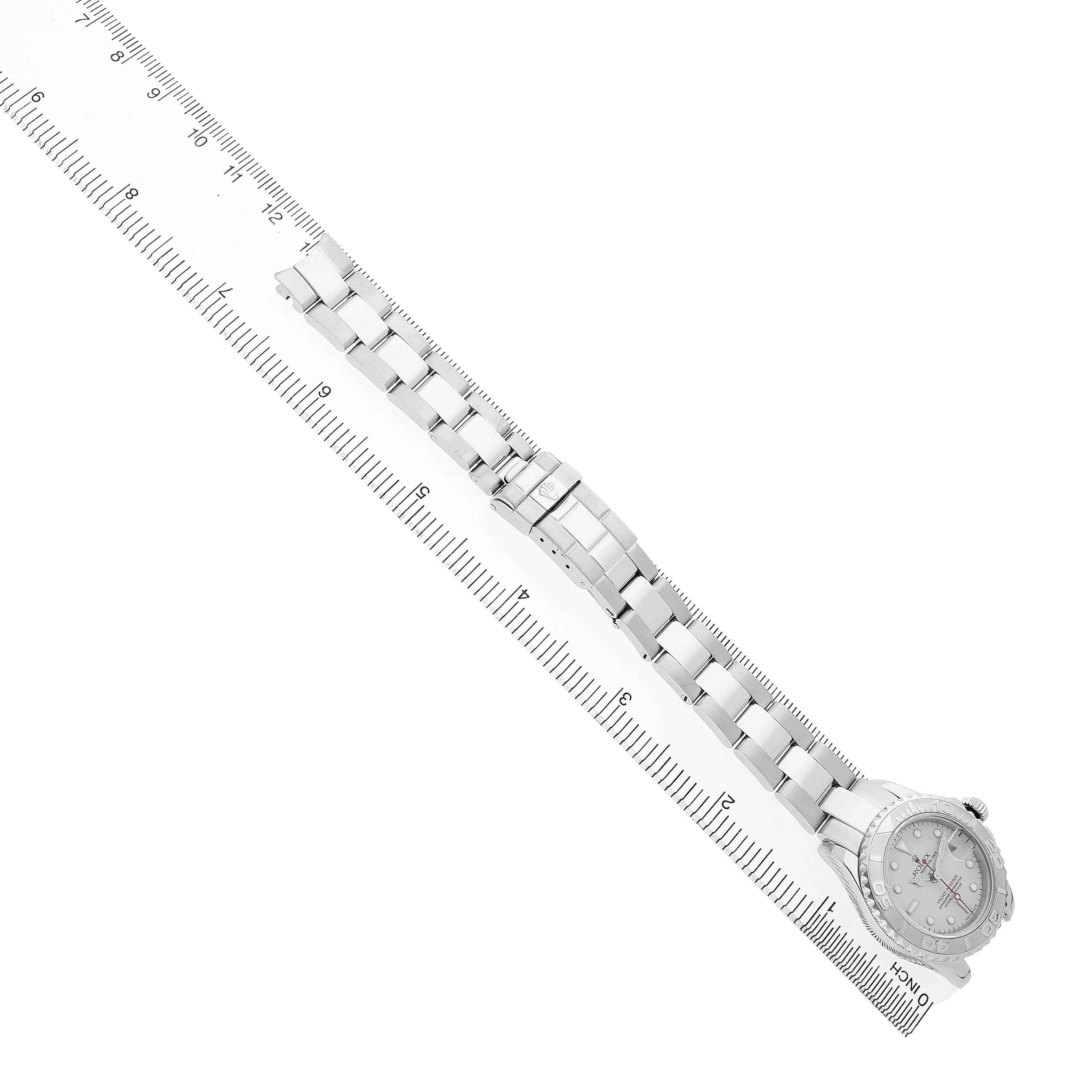 The Rolex Yacht-Master 169622 Women's Stainless Steel Silver Dial watch is shown diagonally with a focus on the bracelet and partially on the face and bezel.