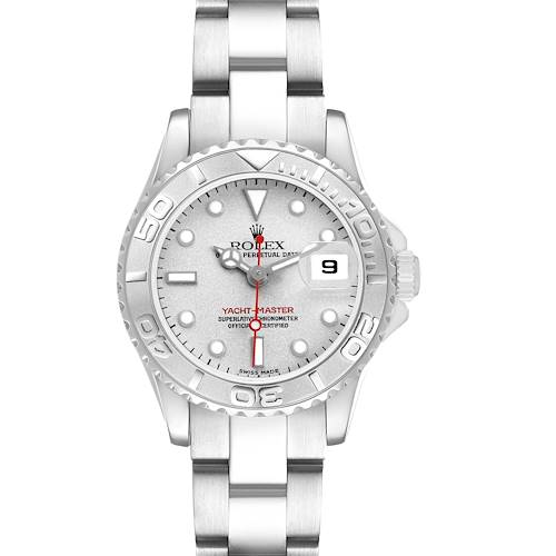 The Rolex Yacht-Master 169622 Women's Stainless Steel Silver Dial watch is shown from the front, featuring its face, bezel, bracelet, and date window.