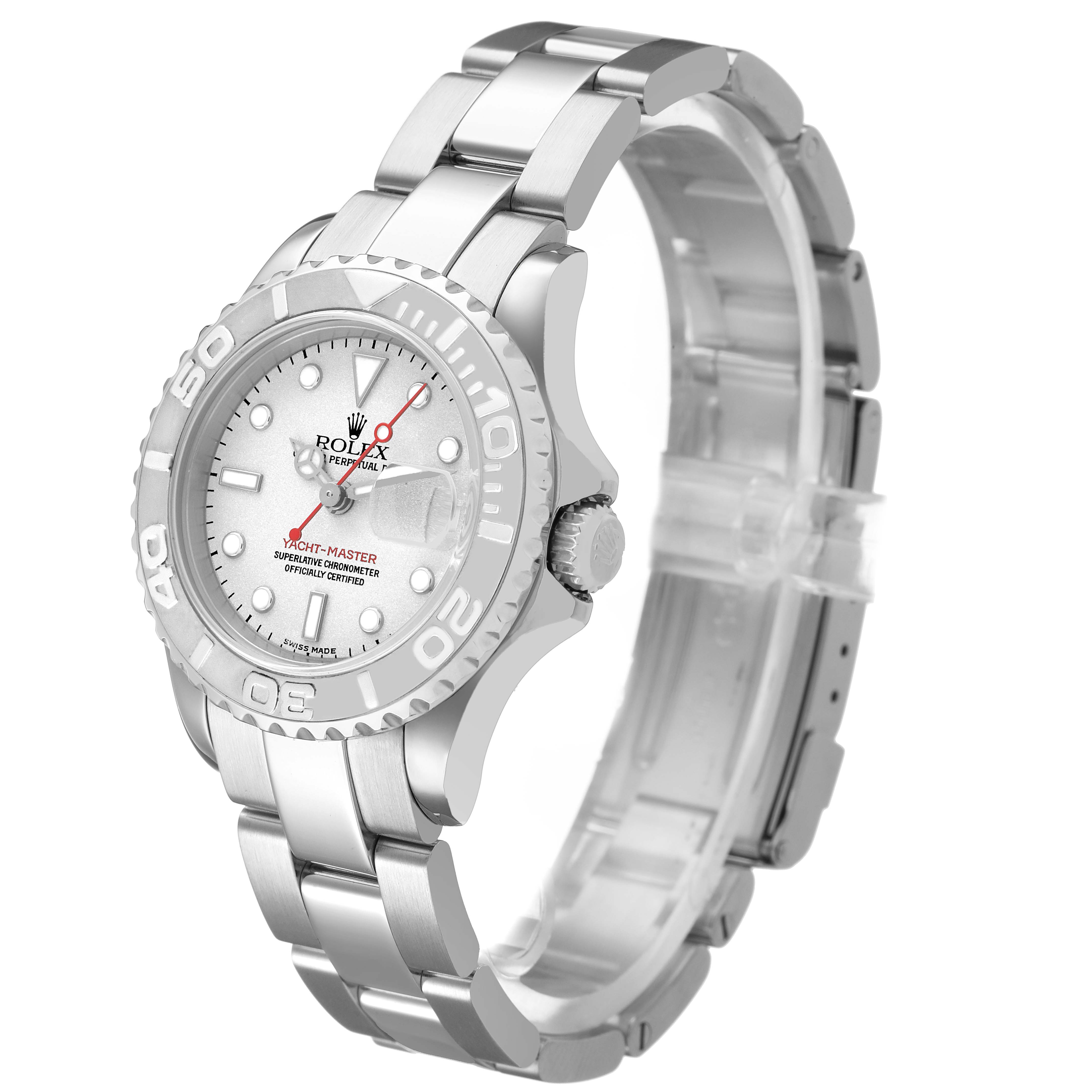 The Rolex Yacht-Master 169622 Women's Stainless Steel Silver Dial watch is shown at a slight angle, displaying the face, bezel, bracelet, and crown.