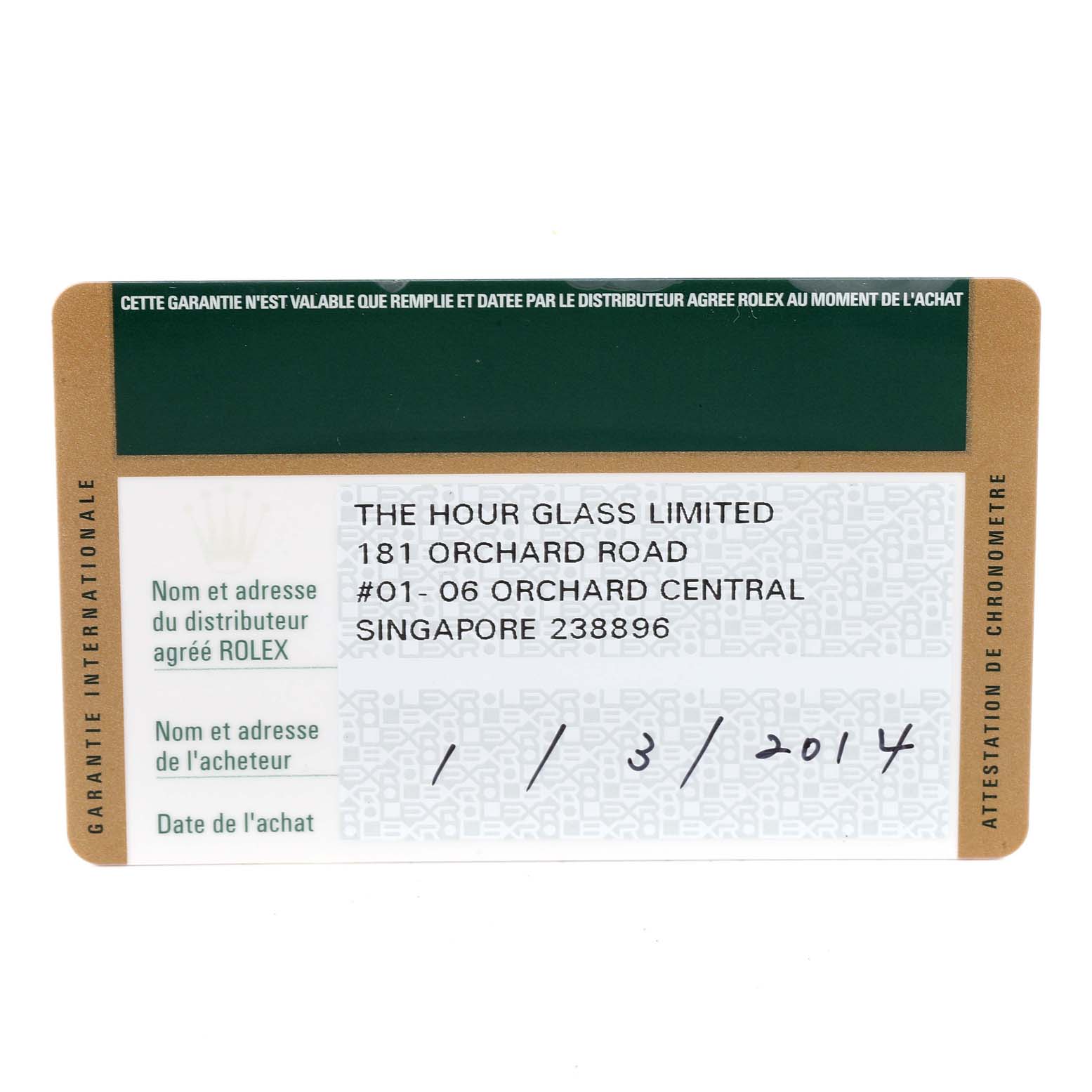 The image shows a guarantee card for a Rolex Yacht-Master 116680 Men's Stainless Steel White Dial 116680 Men's Stainless Steel White Dial watch from The Hour Glass Limited in Singapore.