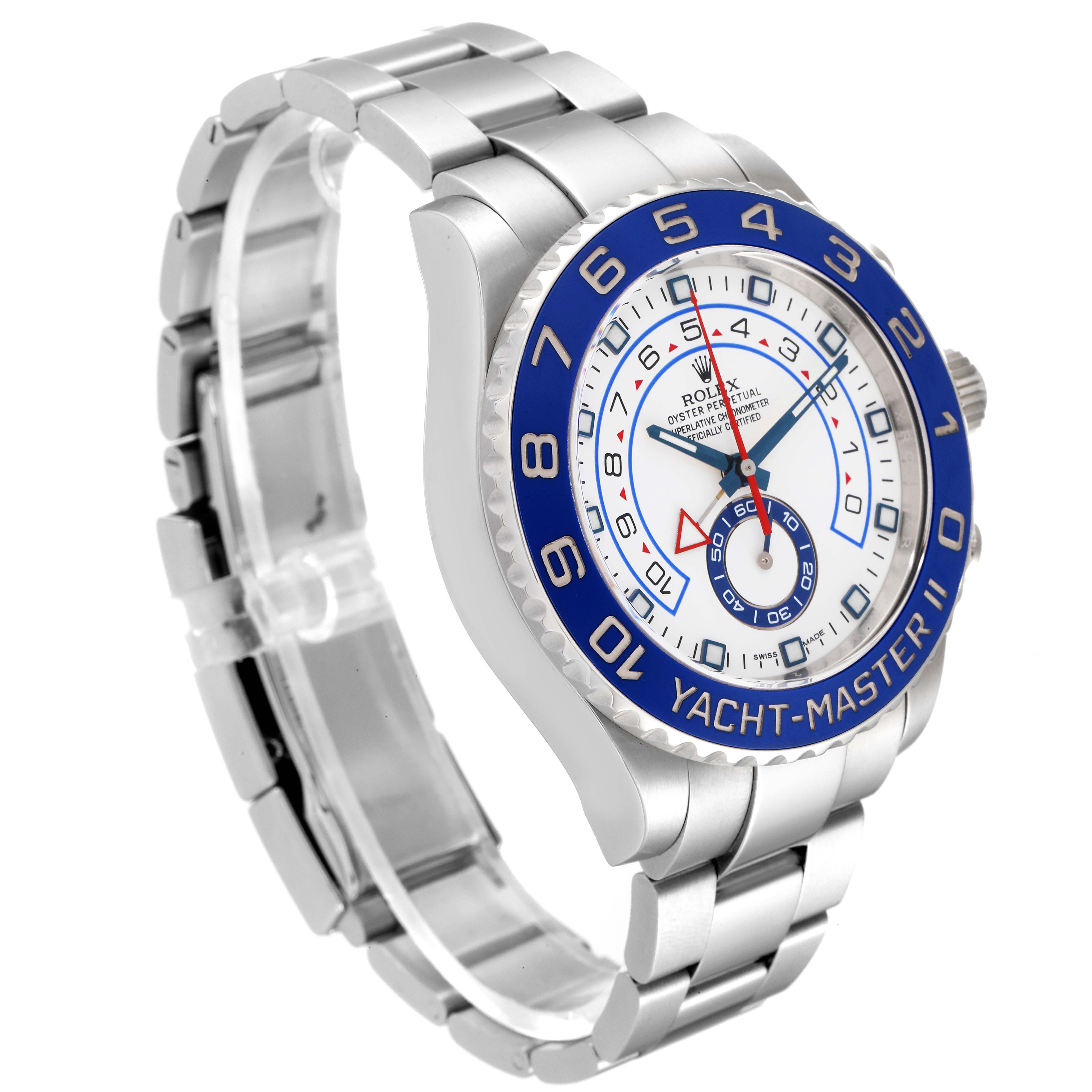 The image shows a side angle of the Rolex Yacht-Master 116680 Men's Stainless Steel White Dial 116680 Men's Stainless Steel White Dial watch, highlighting its blue bezel, stainless steel band, and detailed dial.