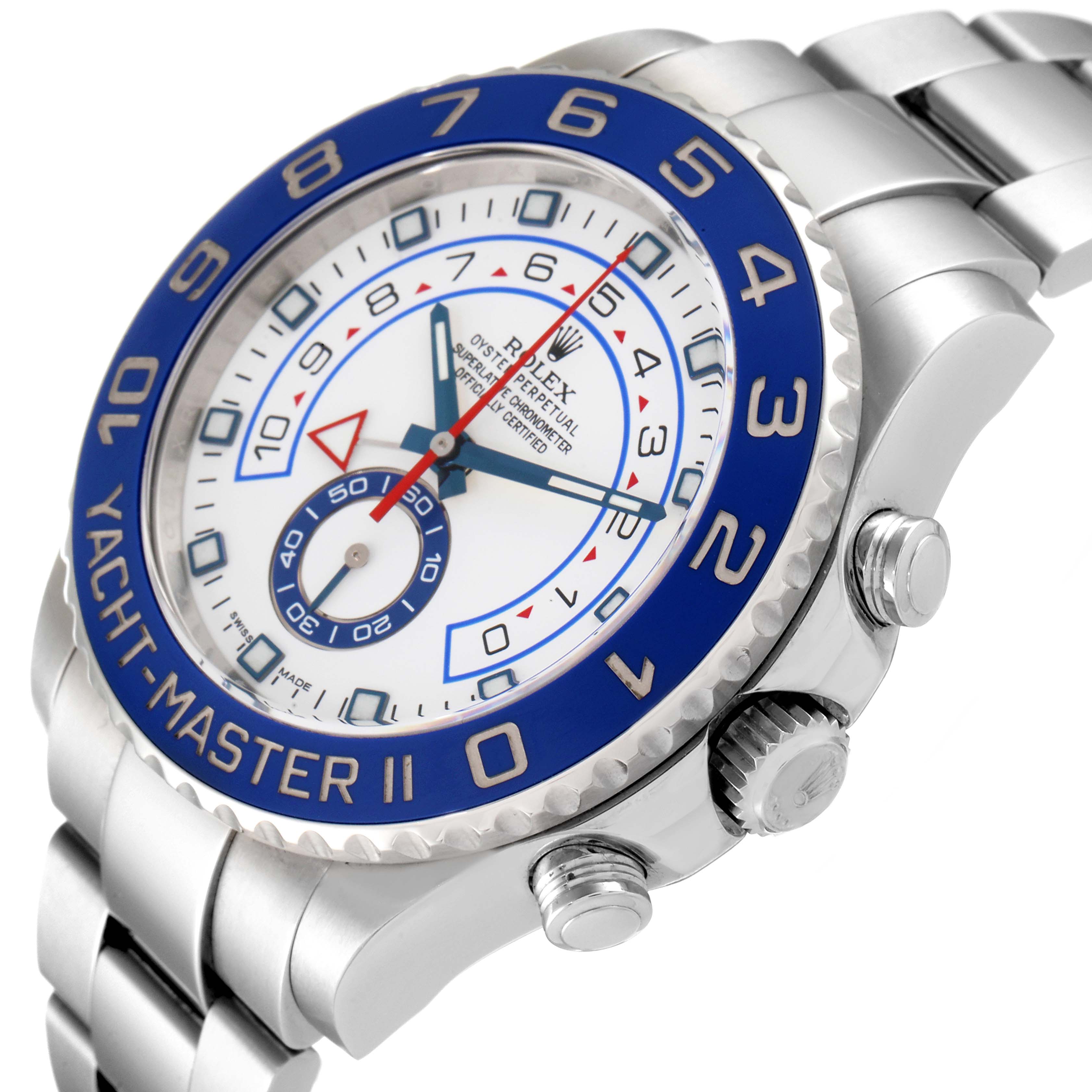 This image displays a Rolex Yacht-Master 116680 Men's Stainless Steel White Dial 116680 Men's Stainless Steel White Dial II watch at an angle showcasing the dial, bezel, crown, and bracelet.