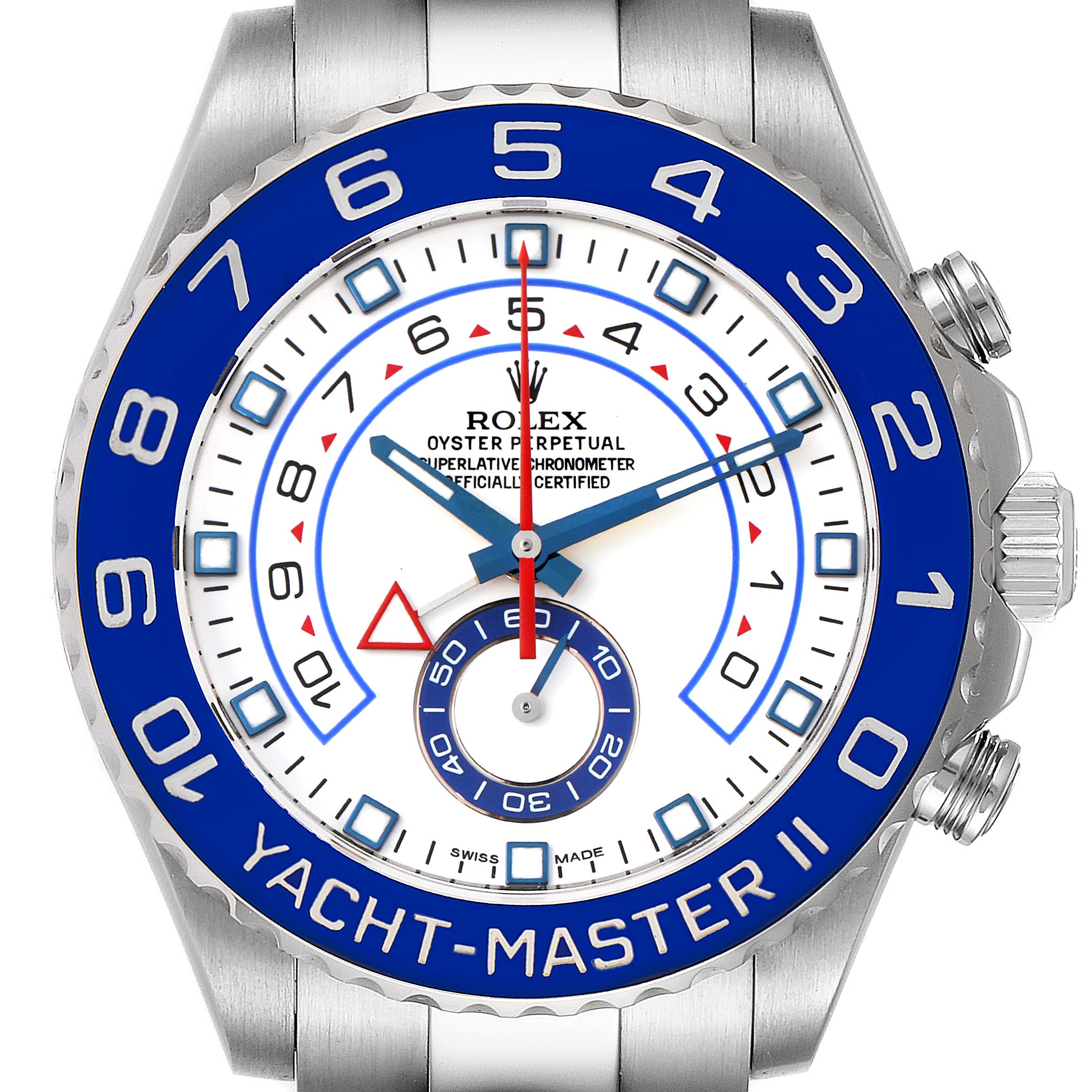 This image shows a front view of a Rolex Yacht-Master 116680 Men's Stainless Steel White Dial 116680 Men's Stainless Steel White Dial model watch, highlighting its blue bezel, white dial, and stainless steel case.