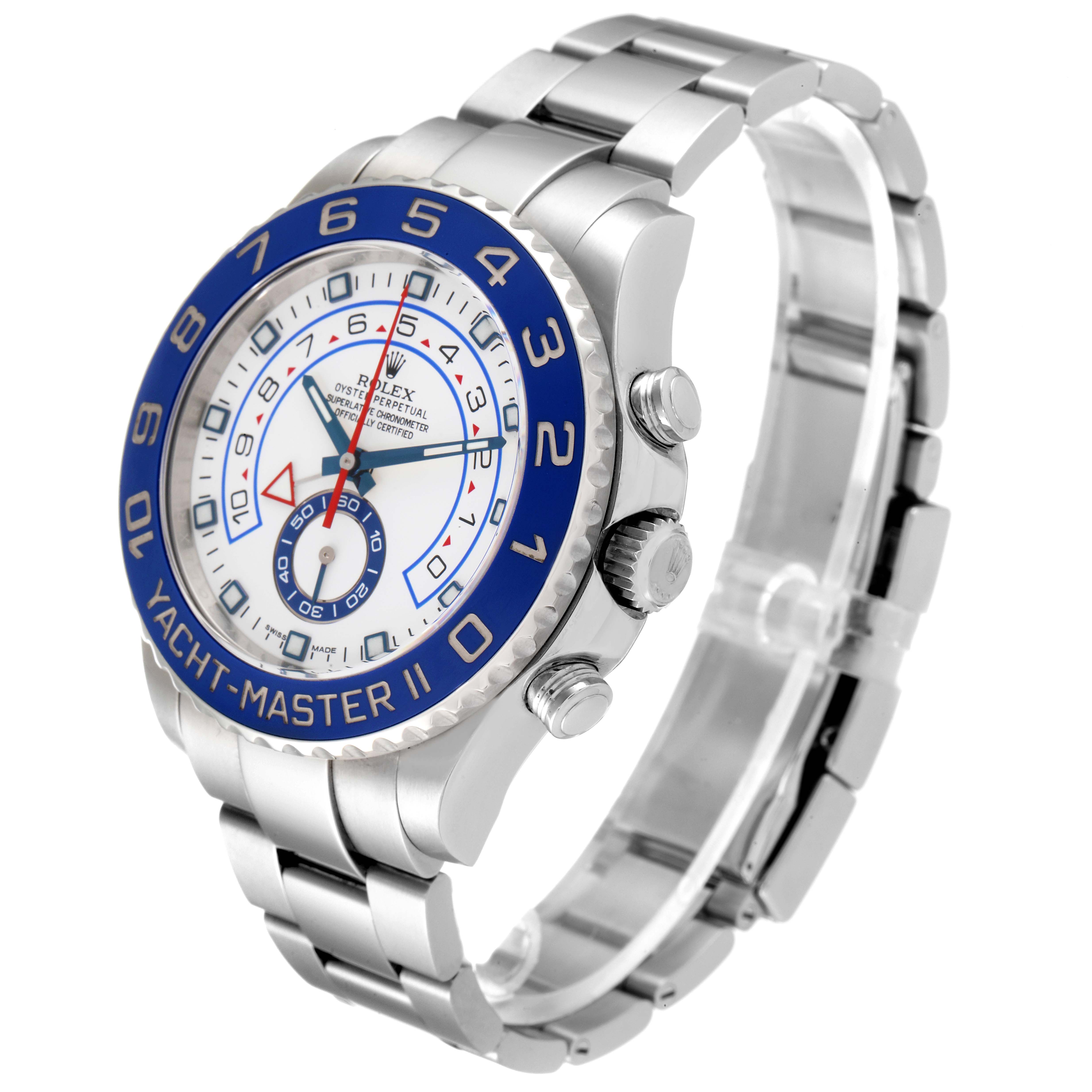 The image shows a side angle of the Rolex Yacht-Master 116680 Men's Stainless Steel White Dial 116680 Men's Stainless Steel White Dial II watch, highlighting its bezel, face, and bracelet.