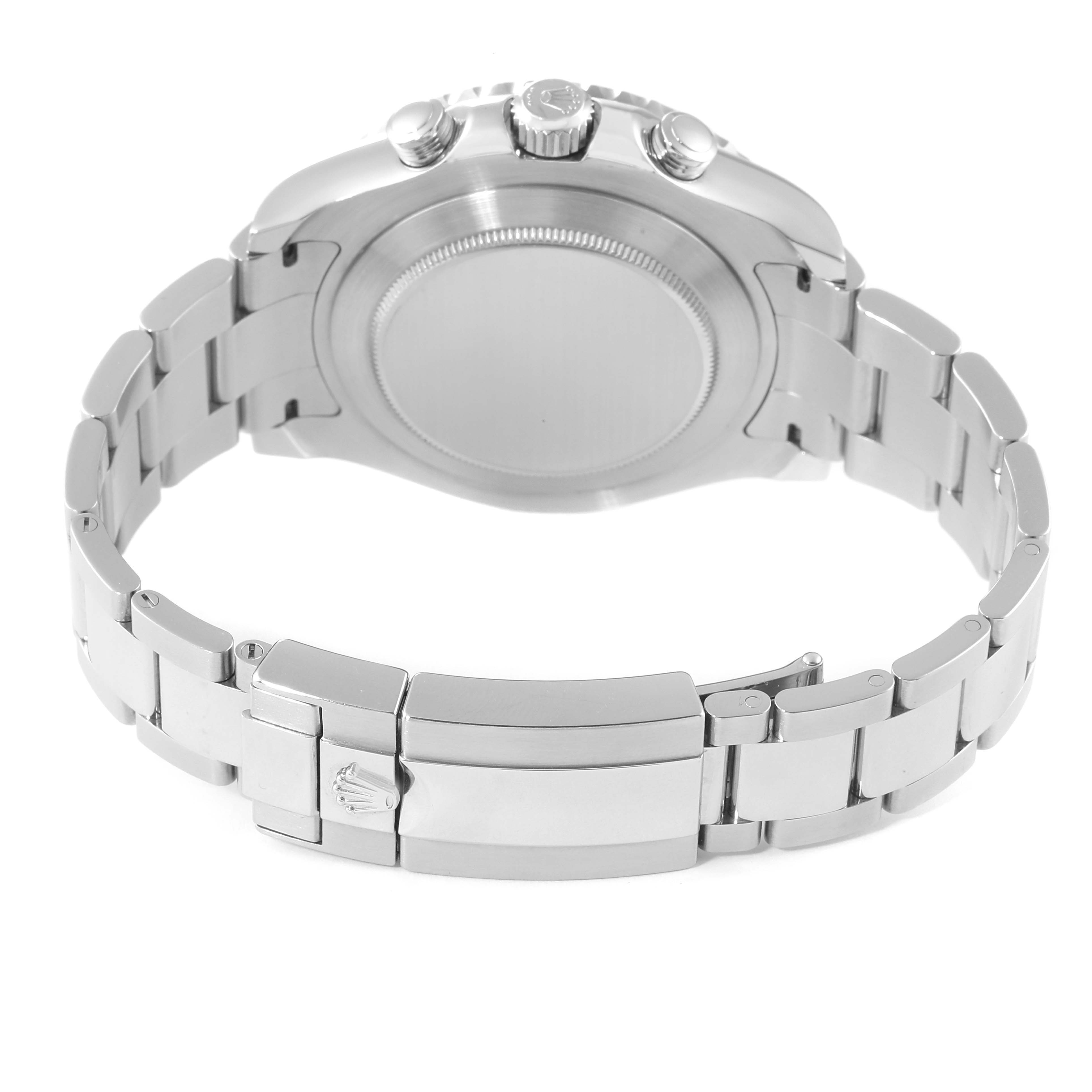 The Rolex Yacht-Master 116680 Men's Stainless Steel White Dial 116680 Men's Stainless Steel White Dial watch is shown from the back, highlighting its caseback, bracelet, and deployment clasp.