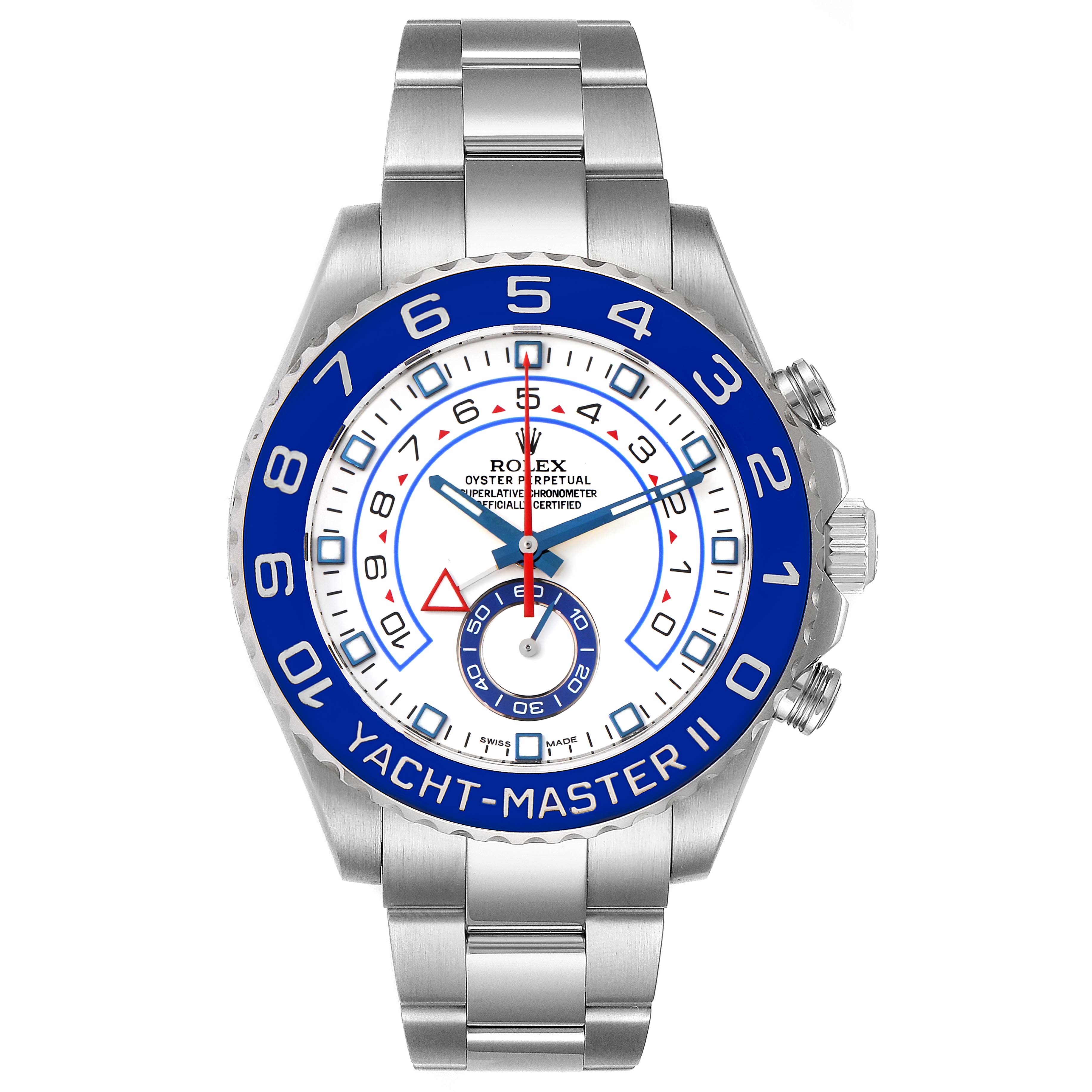 The image shows a Rolex Yacht-Master 116680 Men's Stainless Steel White Dial 116680 Men's Stainless Steel White Dial II watch front view, displaying its face, bezel, bracelet, and crown.