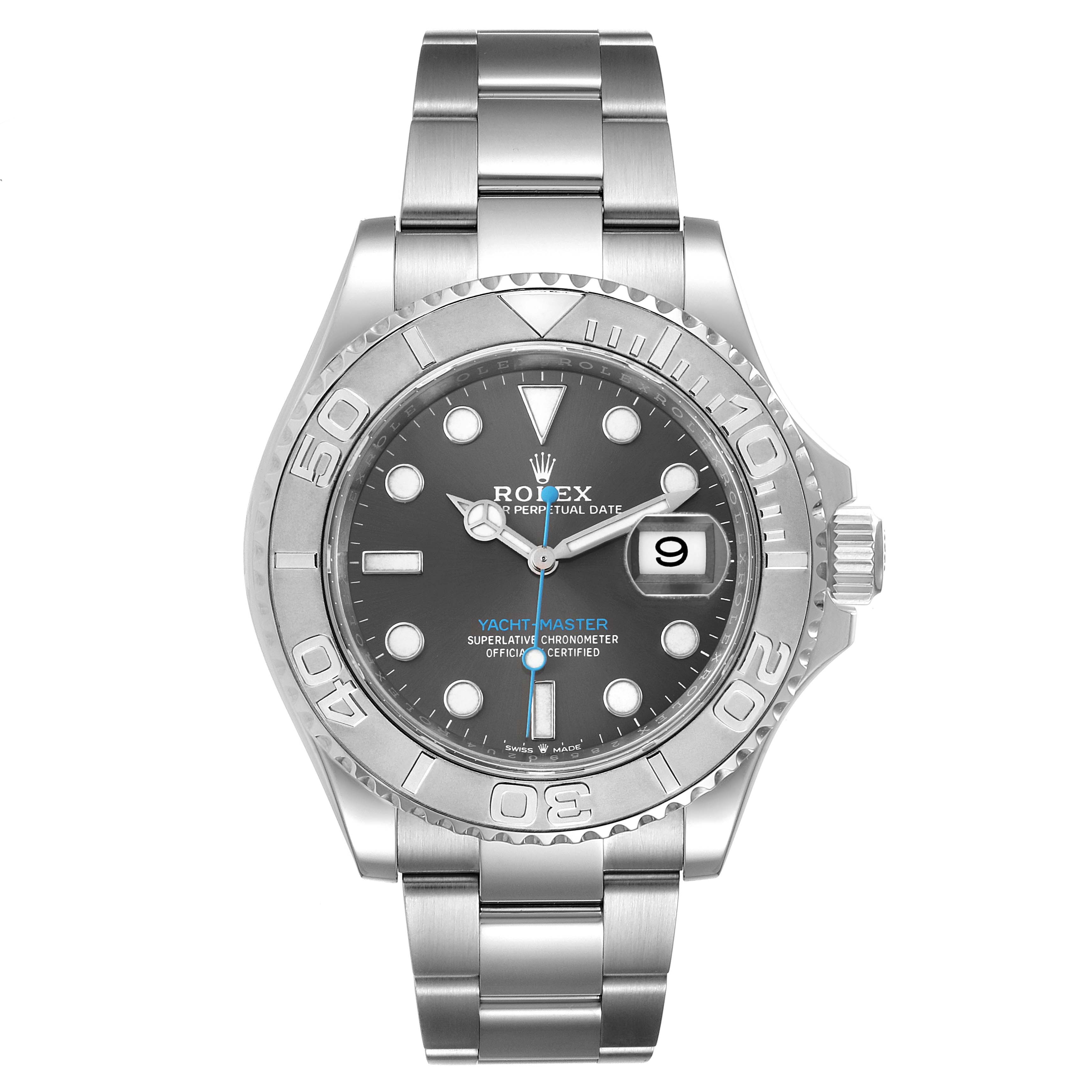 The image shows a front view of a Rolex Yacht-Master 126622 Men's Stainless Steel Grey Dial 126622 Men's Stainless Steel Grey Dial watch, highlighting the bracelet, bezel, dial, and crown.