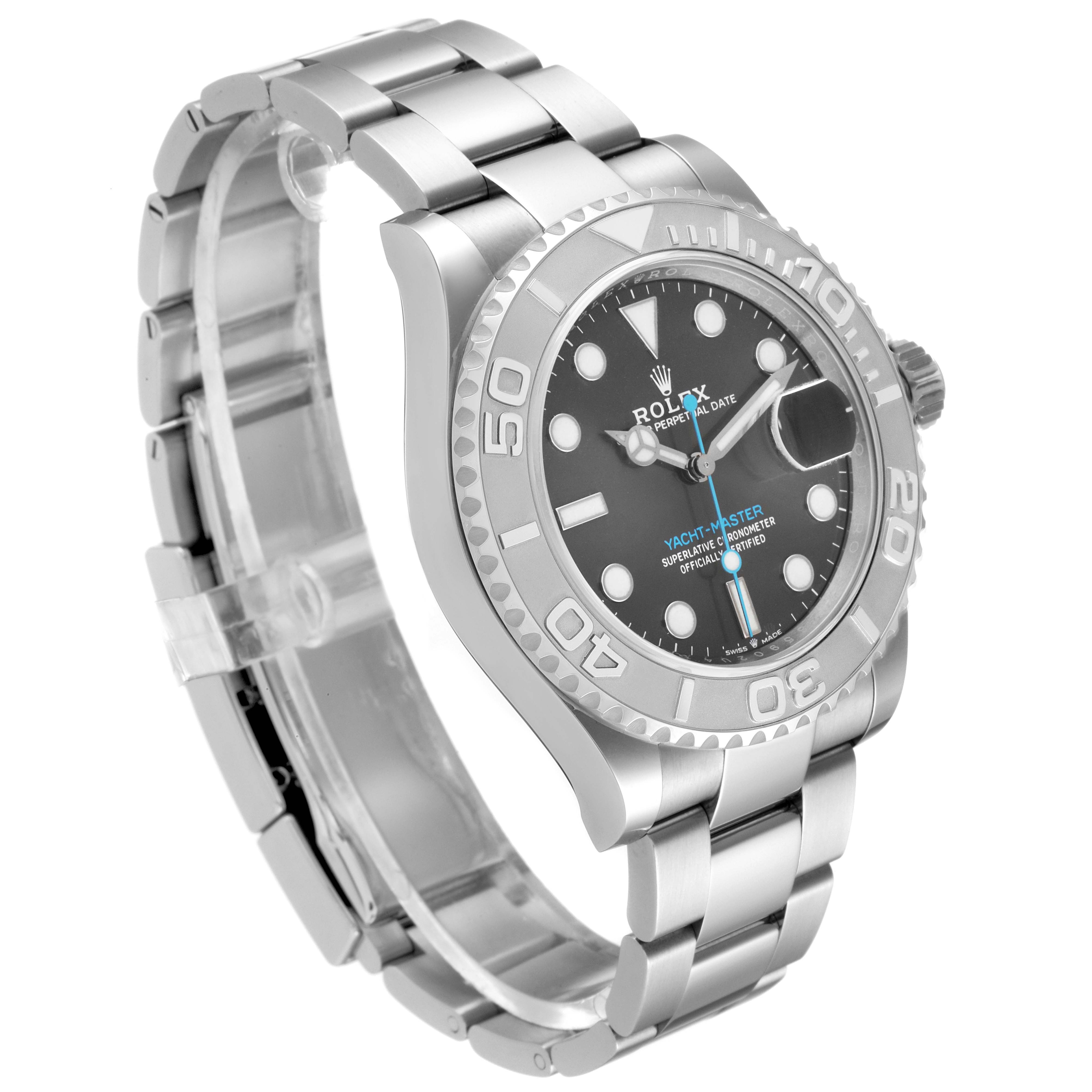The image shows a side angle of a Rolex Yacht-Master 126622 Men's Stainless Steel Grey Dial 126622 Men's Stainless Steel Grey Dial watch, highlighting its bracelet, bezel, and dial.