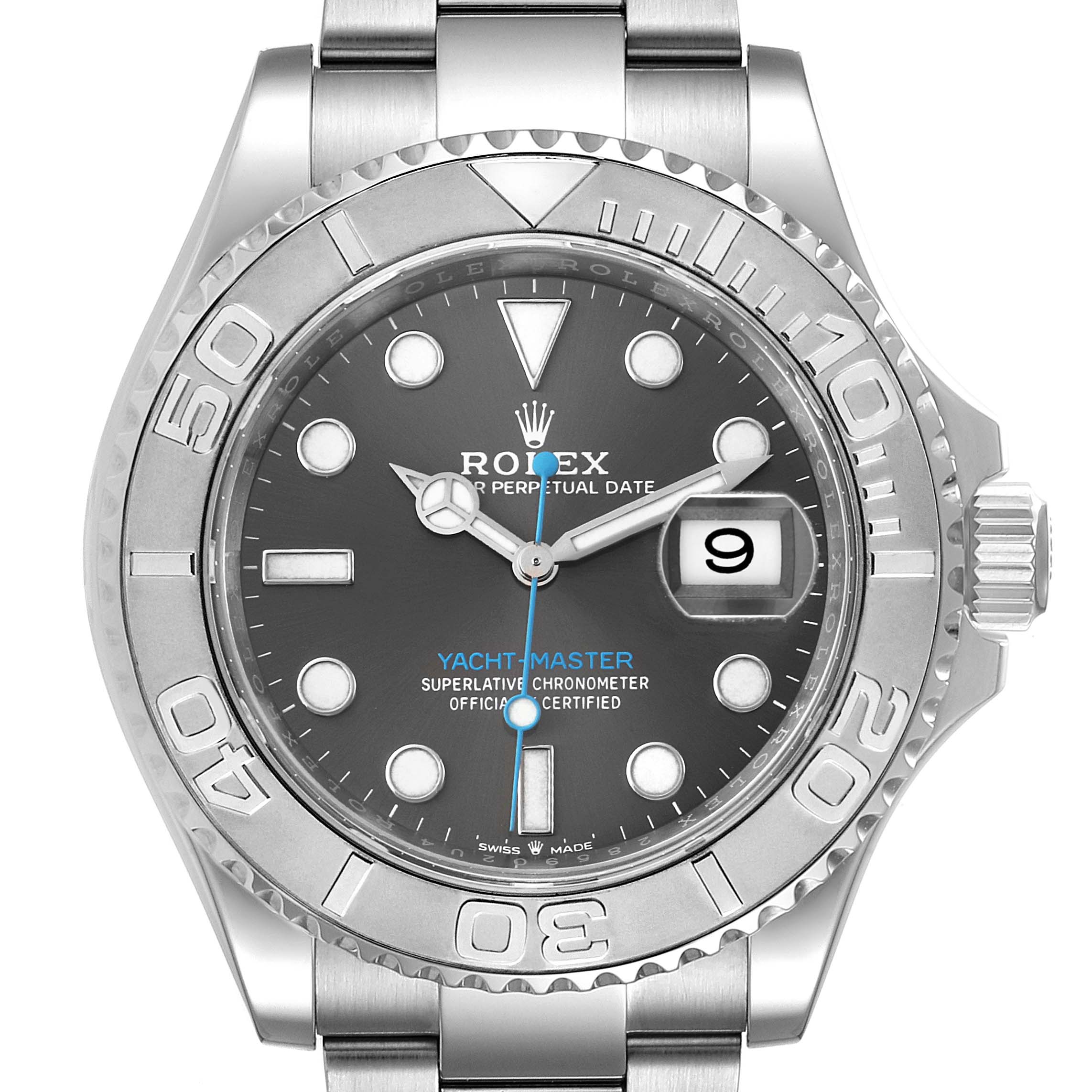 This image shows the front view of the dial and bezel of a Rolex Yacht-Master 126622 Men's Stainless Steel Grey Dial 126622 Men's Stainless Steel Grey Dial watch.