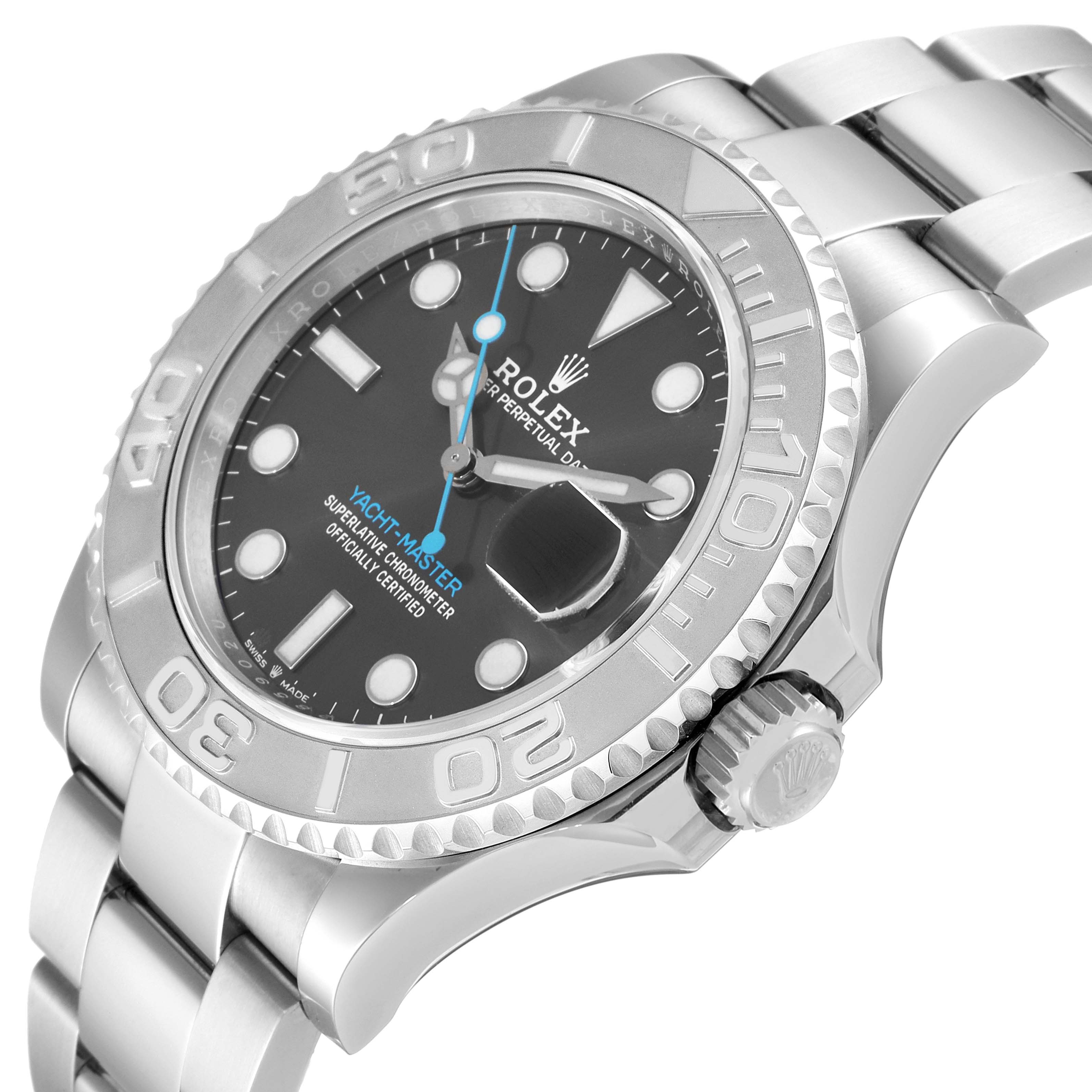 The image shows a close-up, angled view of the dial, bezel, crown, and bracelet of the Rolex Yacht-Master 126622 Men's Stainless Steel Grey Dial 126622 Men's Stainless Steel Grey Dial watch.