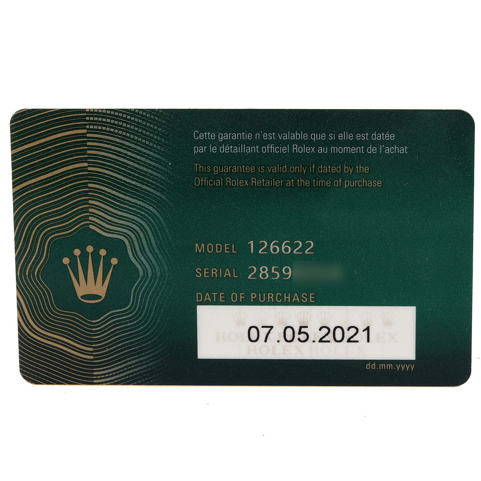 This image shows the warranty card for the Rolex Yacht-Master 126622 Men's Stainless Steel Grey Dial 126622 Men's Stainless Steel Grey Dial model 126622, including the model number, serial number, and date of purchase.
