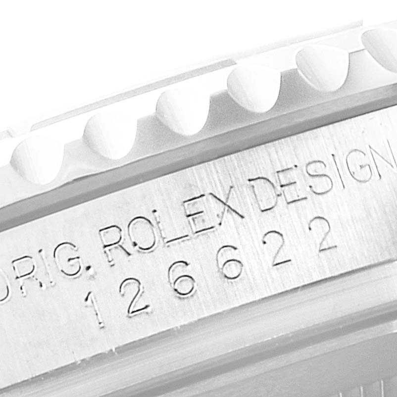 This image shows the engraved model number and "Rolex Design" text on the side of the Rolex Yacht-Master 126622 Men's Stainless Steel Grey Dial 126622 Men's Stainless Steel Grey Dial watch bezel.