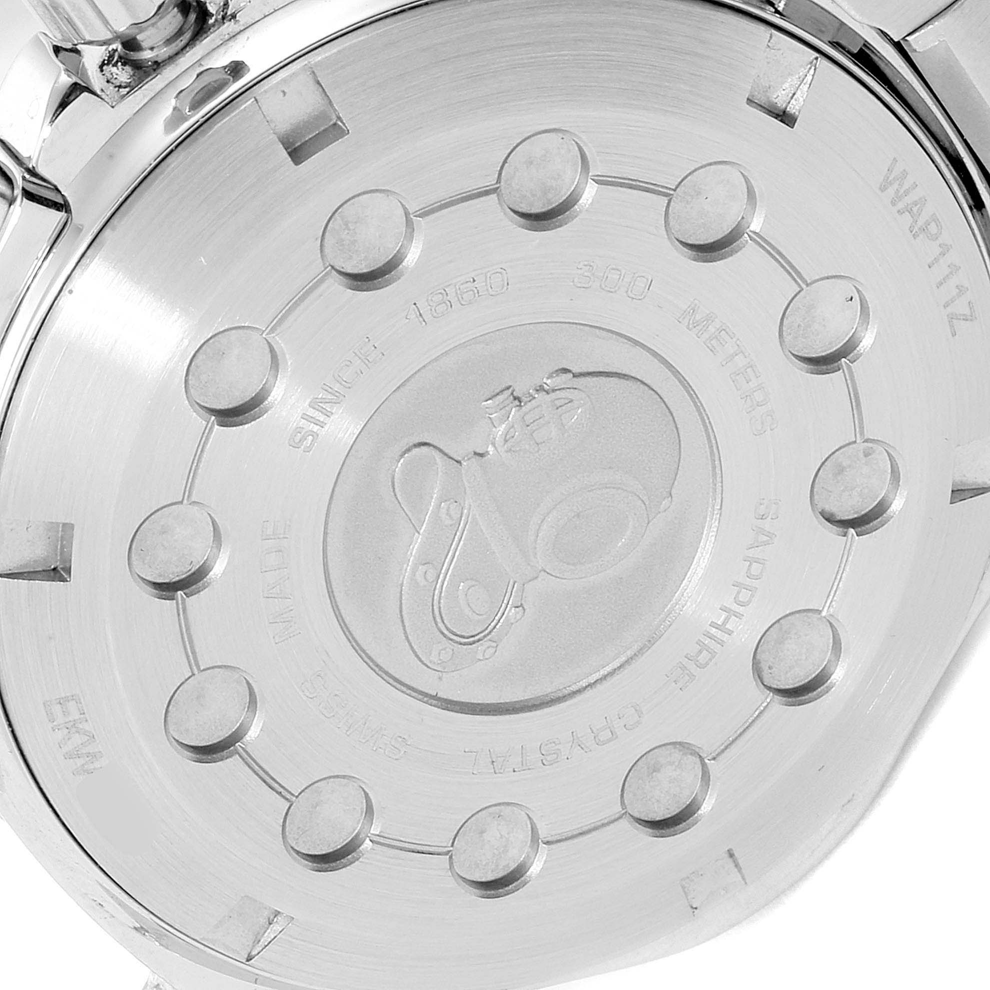 This is the back casing of the Tag Heuer Aquaracer WAP111Z.BA0831 Men
s Stainless Steel Black Dial WAP111Z.BA0831 Men
s Stainless Steel Black Dial watch, showcasing the model details and water resistance rating.