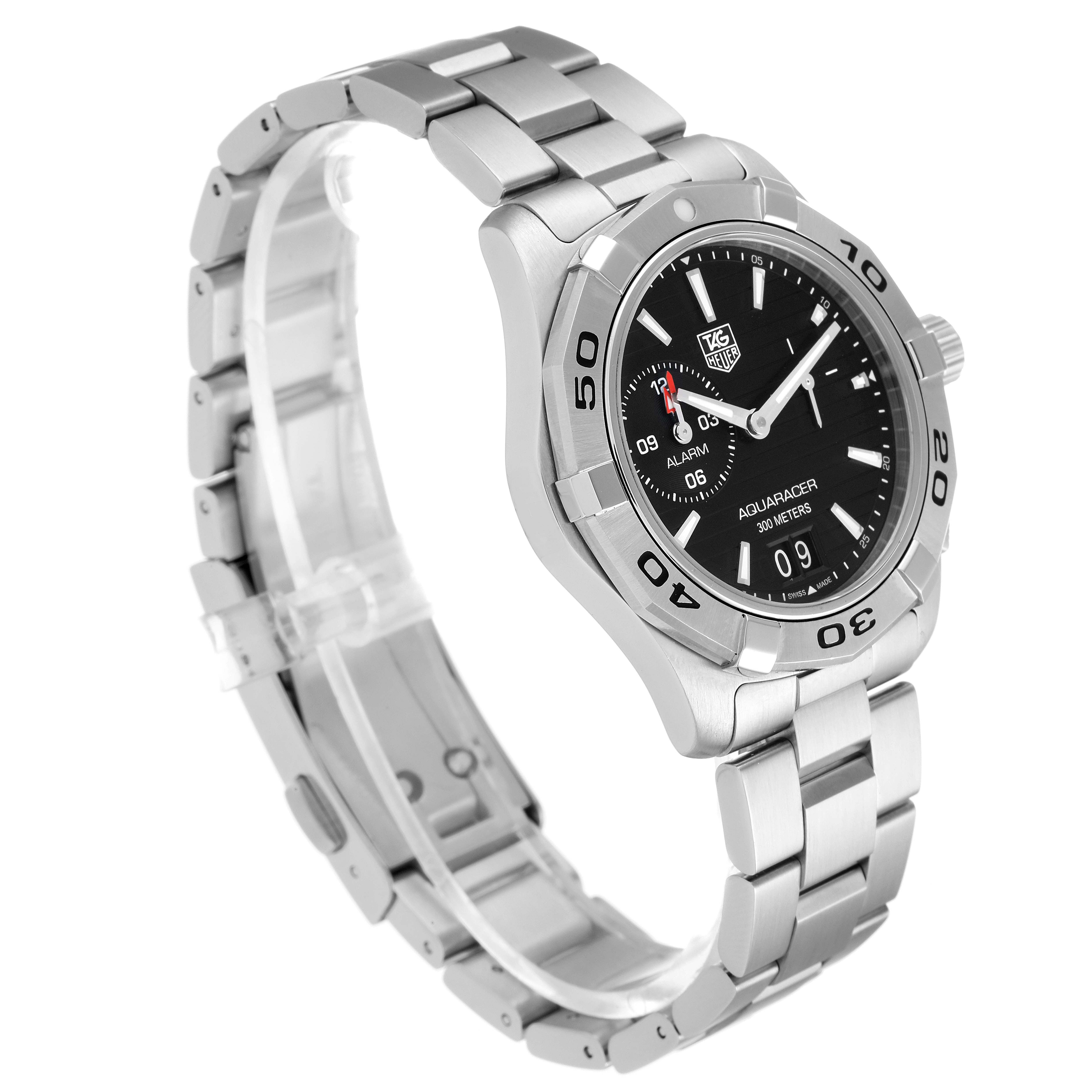 The Tag Heuer Aquaracer WAP111Z.BA0831 Men
s Stainless Steel Black Dial WAP111Z.BA0831 Men
s Stainless Steel Black Dial watch is shown at a three-quarter angle, highlighting its stainless steel bracelet and black dial.