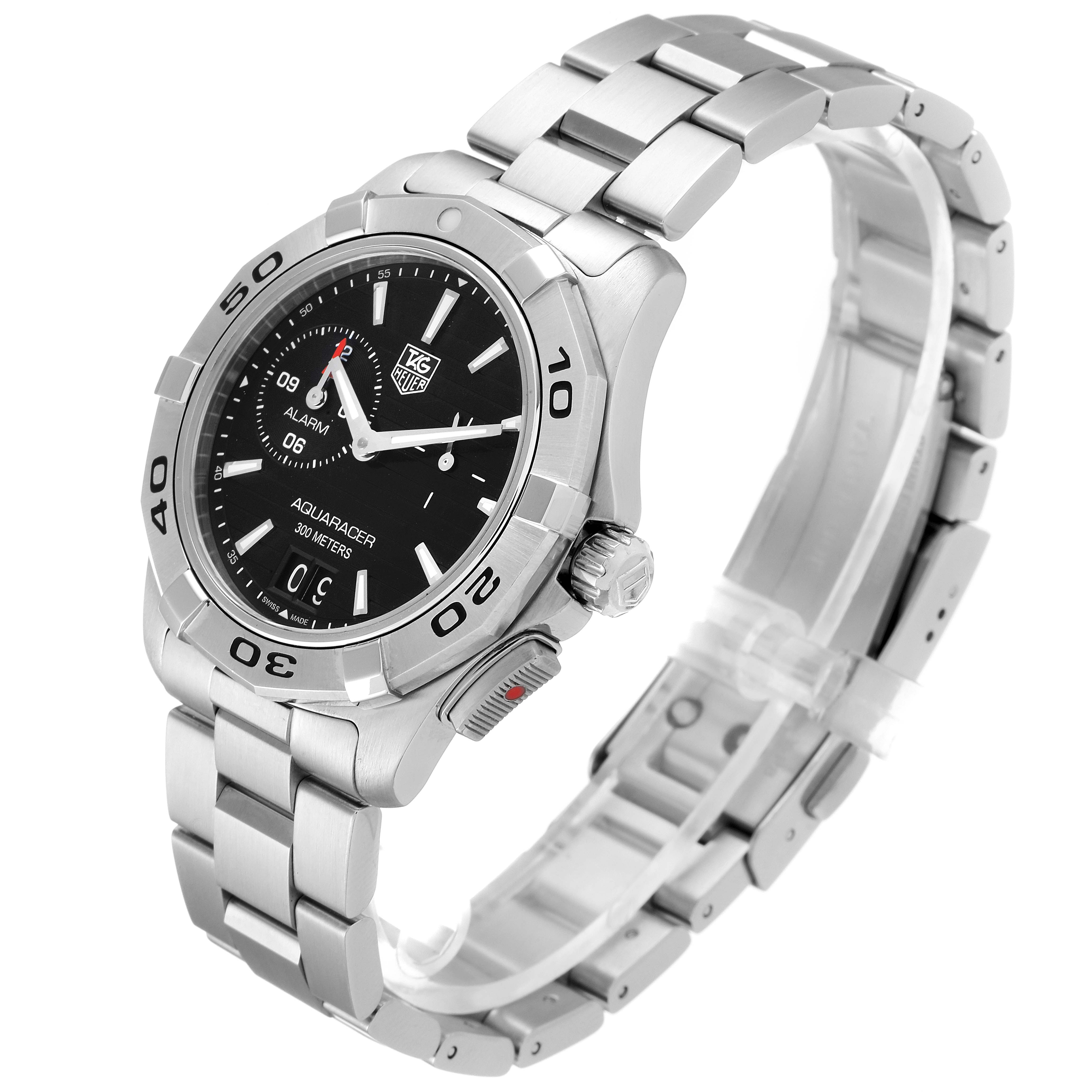 The image shows a Tag Heuer Aquaracer WAP111Z.BA0831 Men
s Stainless Steel Black Dial WAP111Z.BA0831 Men
s Stainless Steel Black Dial watch at a three-quarter angle, highlighting its stainless steel bracelet and black dial.