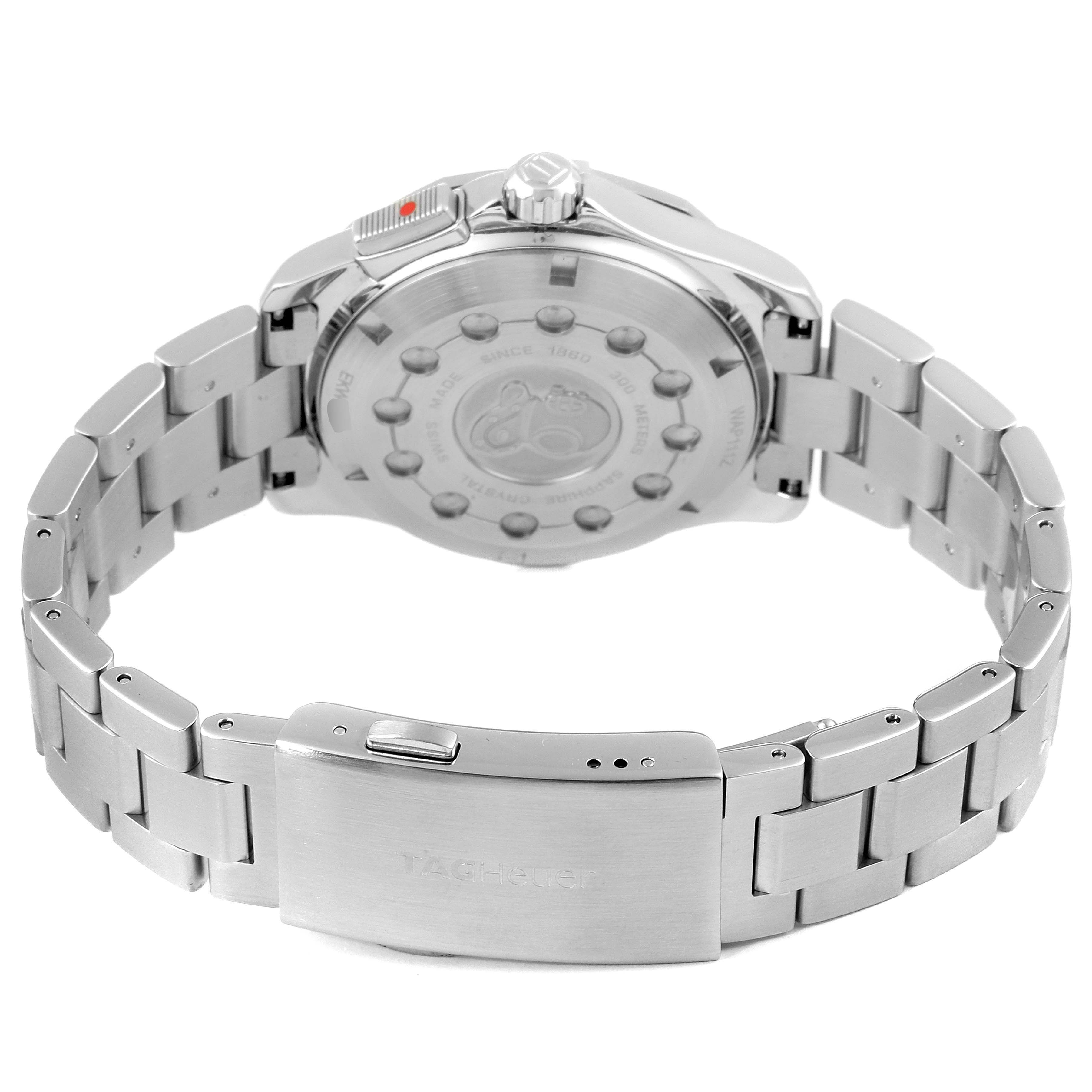 This image shows the back view of the Tag Heuer Aquaracer WAP111Z.BA0831 Men
s Stainless Steel Black Dial WAP111Z.BA0831 Men
s Stainless Steel Black Dial watch, highlighting the stainless steel bracelet and clasp.