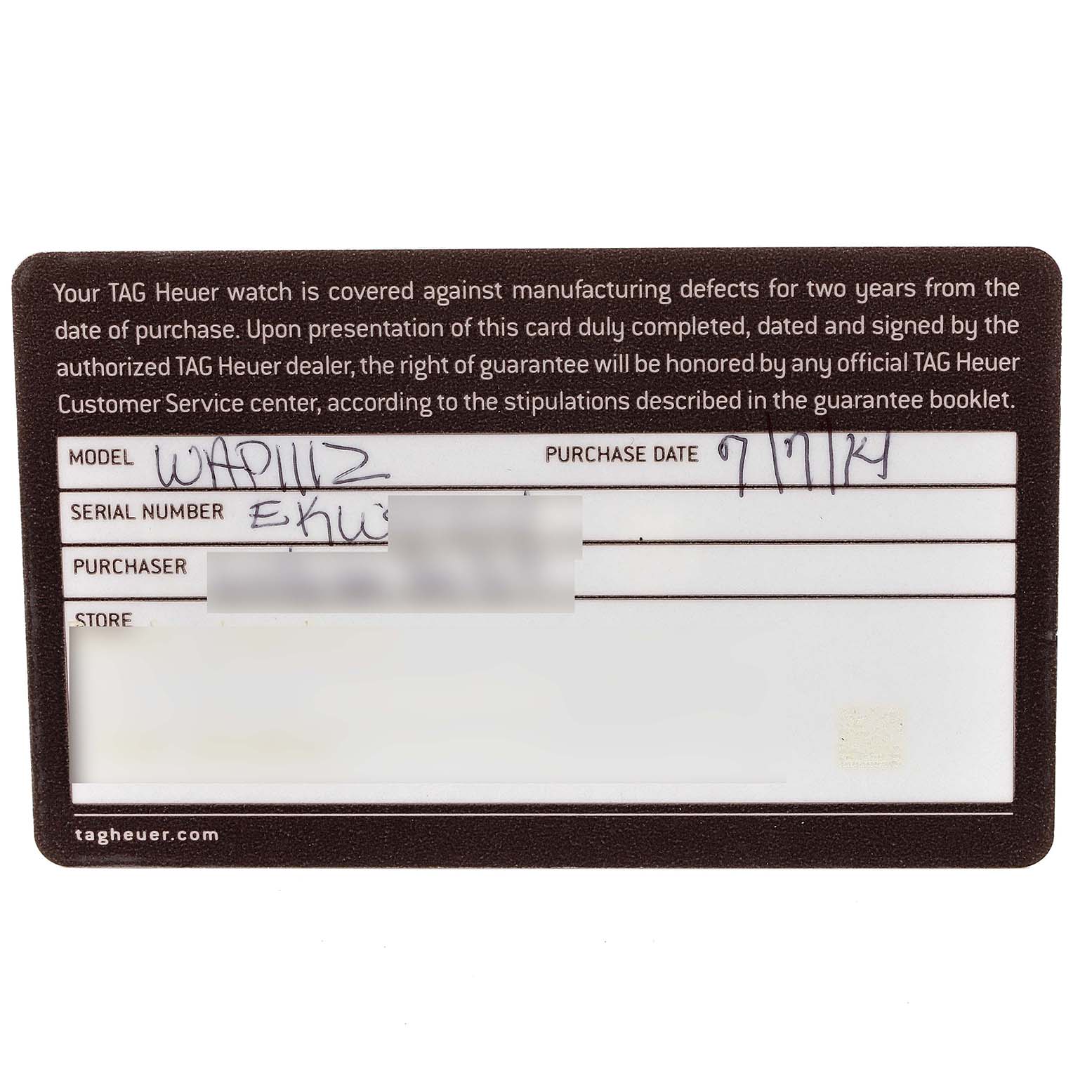 This image shows the guarantee card for a Tag Heuer Aquaracer WAP111Z.BA0831 Men
s Stainless Steel Black Dial WAP111Z.BA0831 Men
s Stainless Steel Black Dial watch, featuring model, serial number, and purchase date fields.