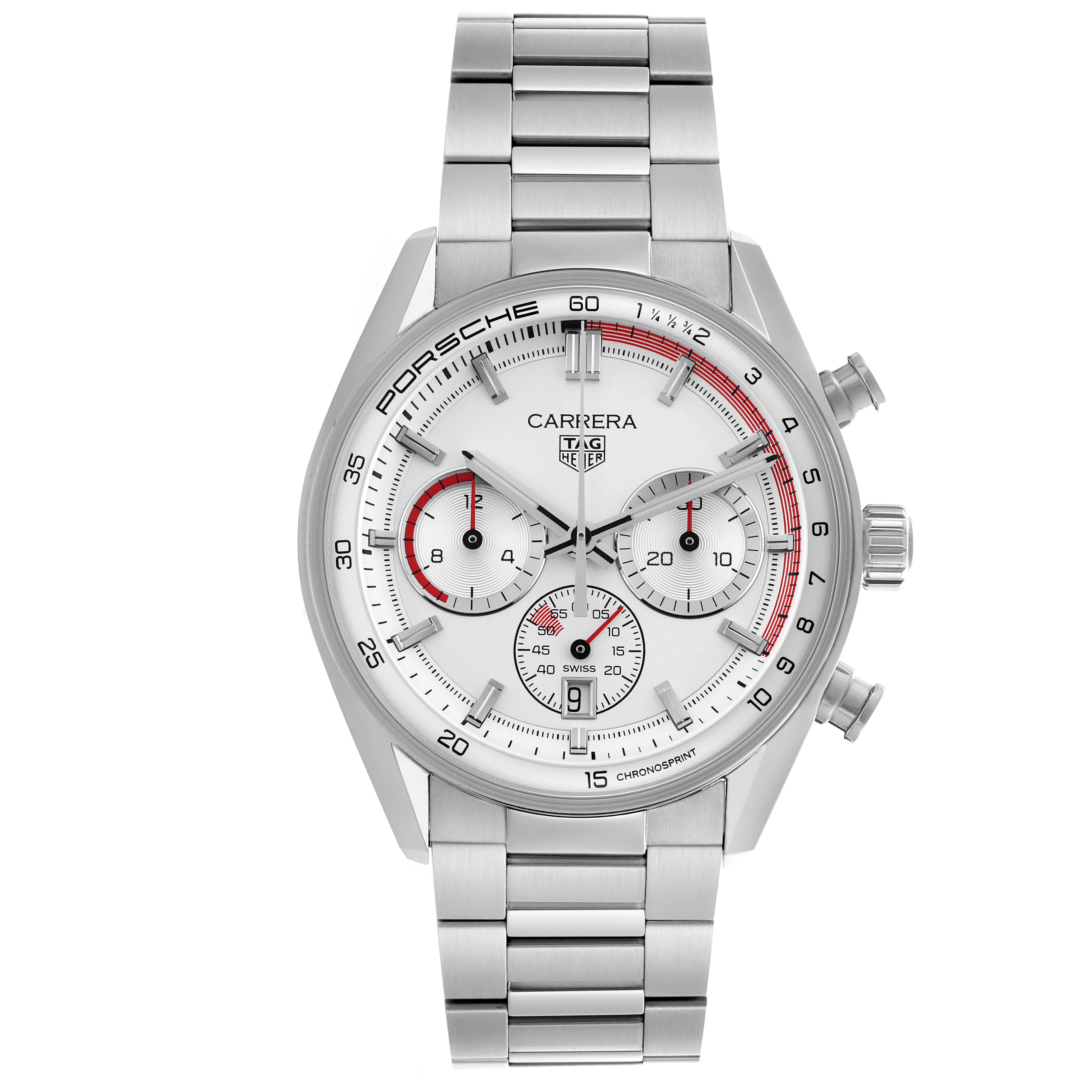 The Tag Heuer Carrera CBS2011.FC6529 Men's Stainless Steel Silver Dial CBS2011.FC6529 Men's Stainless Steel Silver Dial watch is shown from a front angle, displaying its dial, subdials, and metal bracelet.