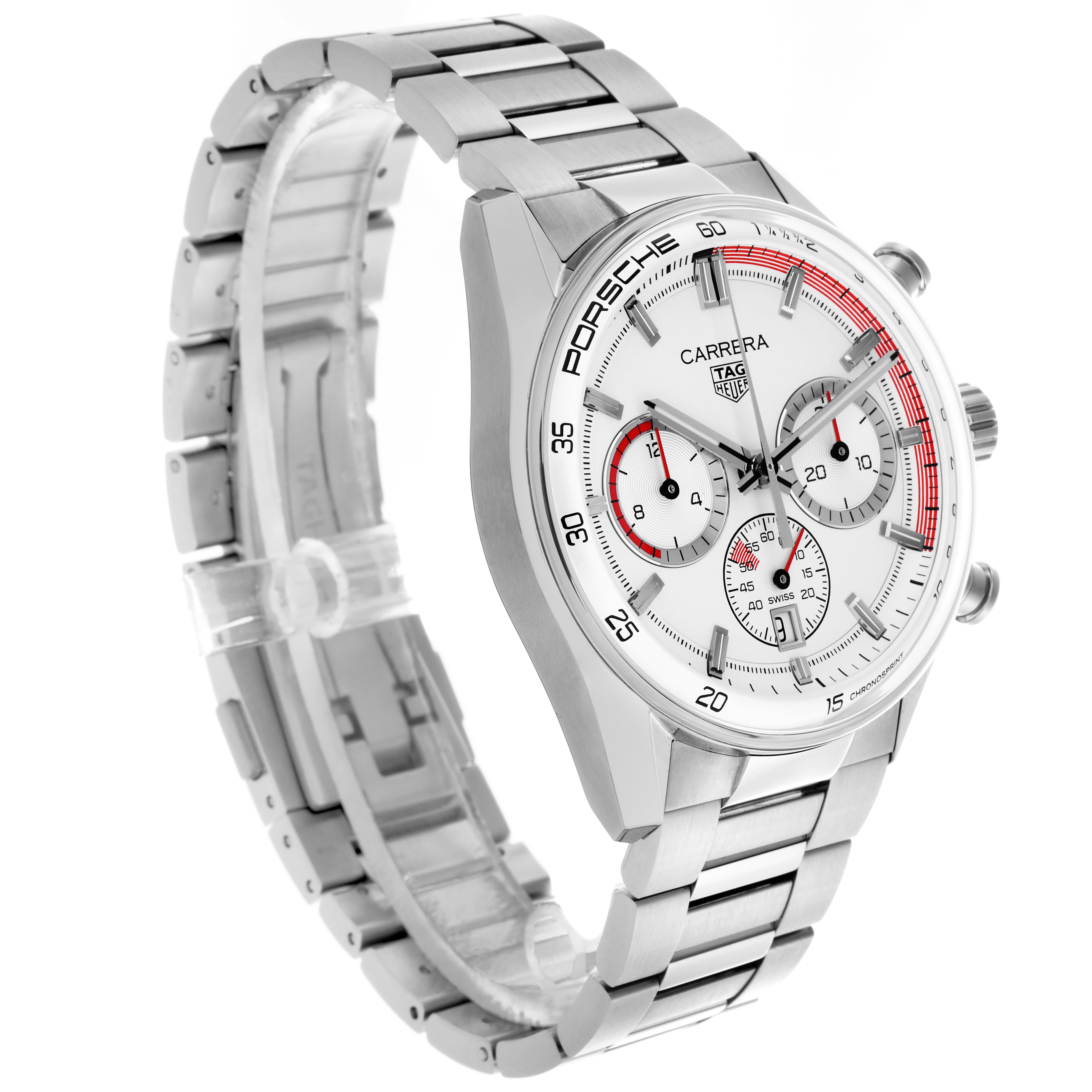 The Tag Heuer Carrera CBS2011.FC6529 Men's Stainless Steel Silver Dial CBS2011.FC6529 Men's Stainless Steel Silver Dial watch is shown from an angled side view, displaying its face and stainless steel bracelet.