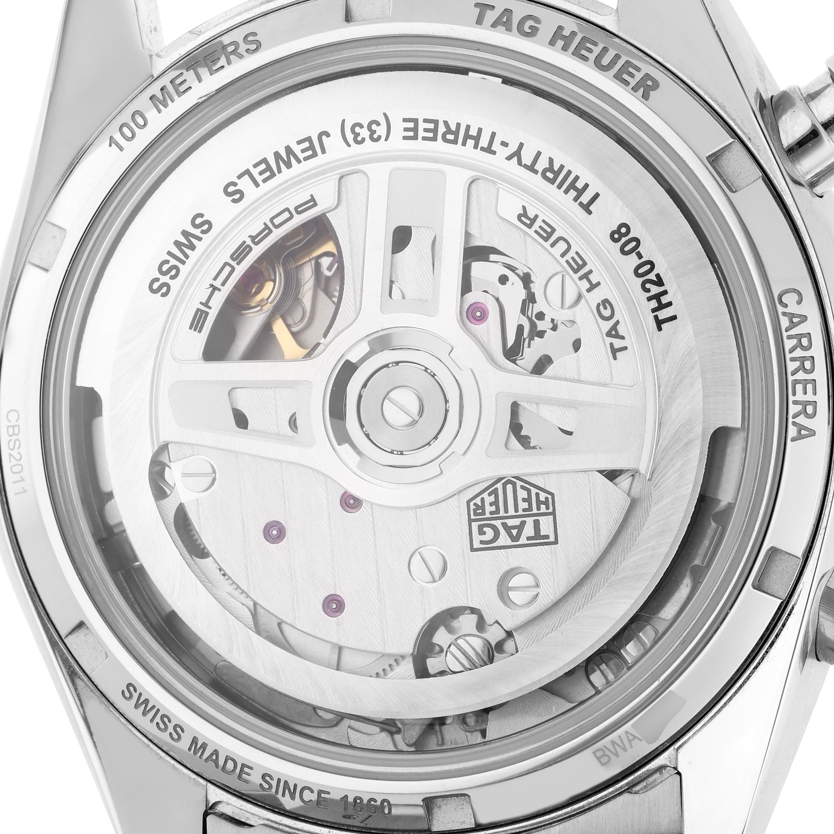 The image shows the back of a Tag Heuer Carrera CBS2011.FC6529 Men's Stainless Steel Silver Dial CBS2011.FC6529 Men's Stainless Steel Silver Dial watch, highlighting its exposed automatic movement and rotor.