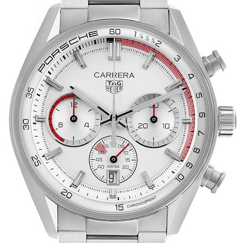 The Tag Heuer Carrera model watch is shown from a front view, displaying the dial, bezel, subdials, and part of the bracelet.