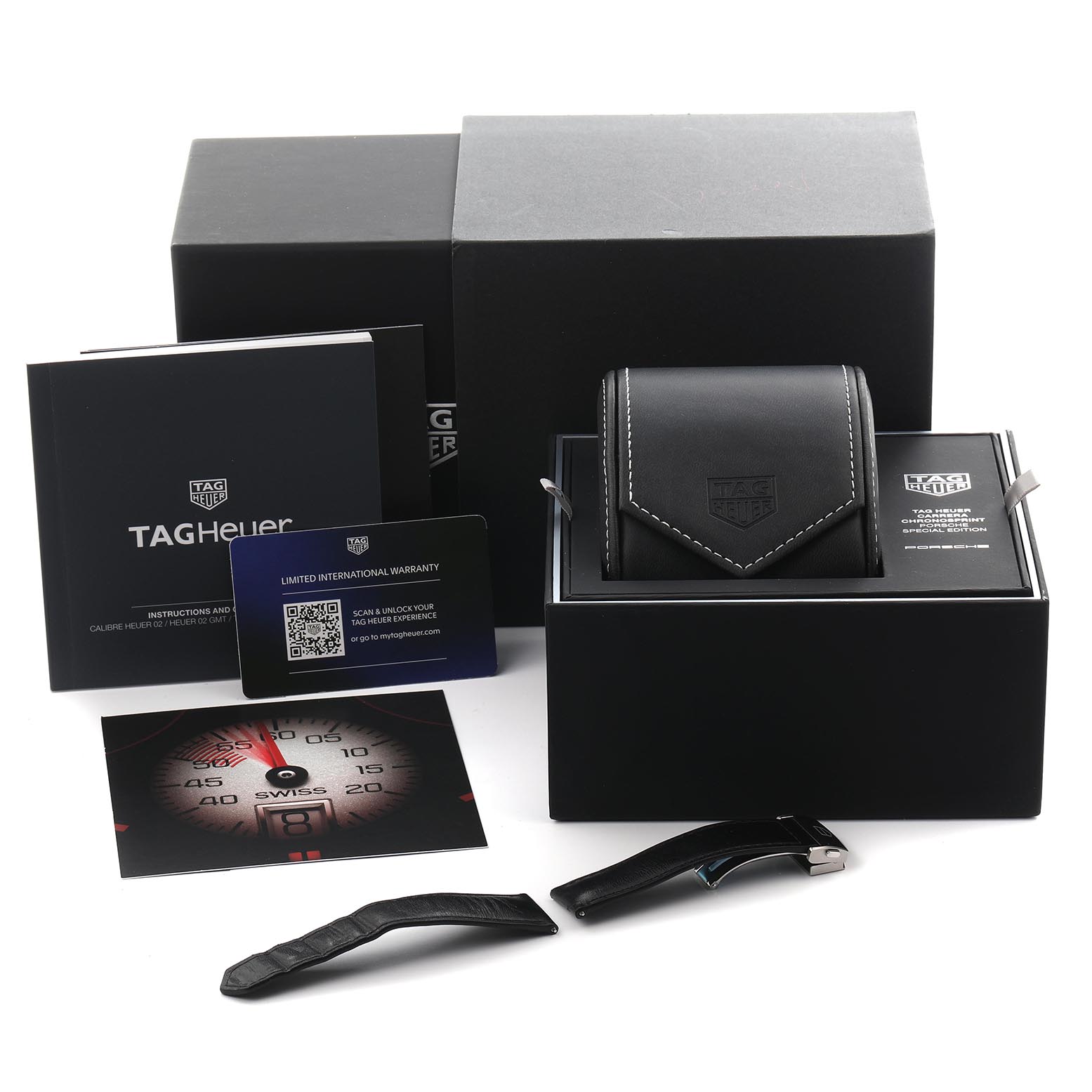 The image shows a Tag Heuer Carrera CBS2011.FC6529 Men's Stainless Steel Silver Dial CBS2011.FC6529 Men's Stainless Steel Silver Dial watch box set with packaging, warranty card, and additional straps from a front angle.